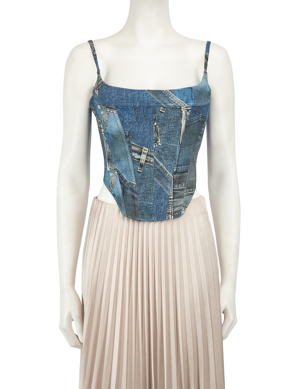 image of Miaou Blue Denim Patchwork Printed Corset, Women's (Size Small)