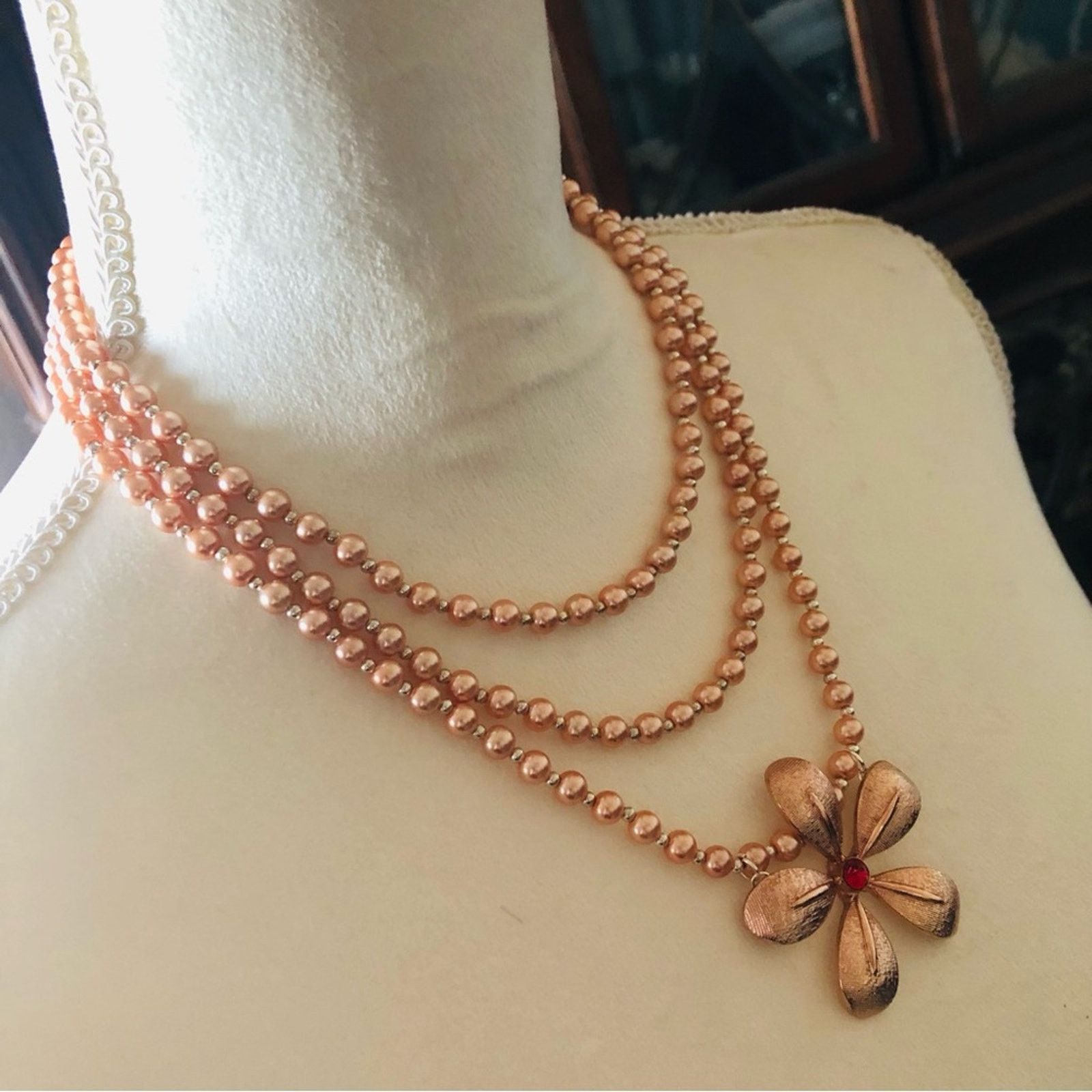 Handmade Handcrafted triple strand Czech Pearl genuine ruby neckla Size ONE SIZE - 3 Thumbnail