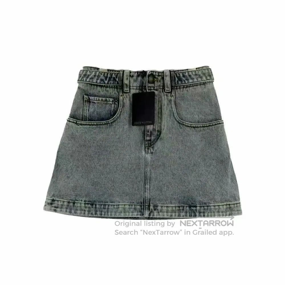 Louis Vuitton denim mini skirt with leather label. Size 35" - 1 Thumbnail