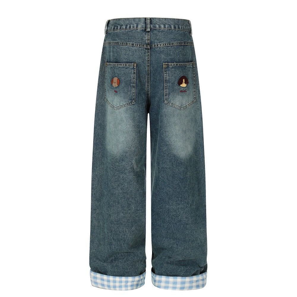Jean Men's plaid cartoon bear embroidered straight jeans y2k Size US 32 / EU 48 - 2 Thumbnail
