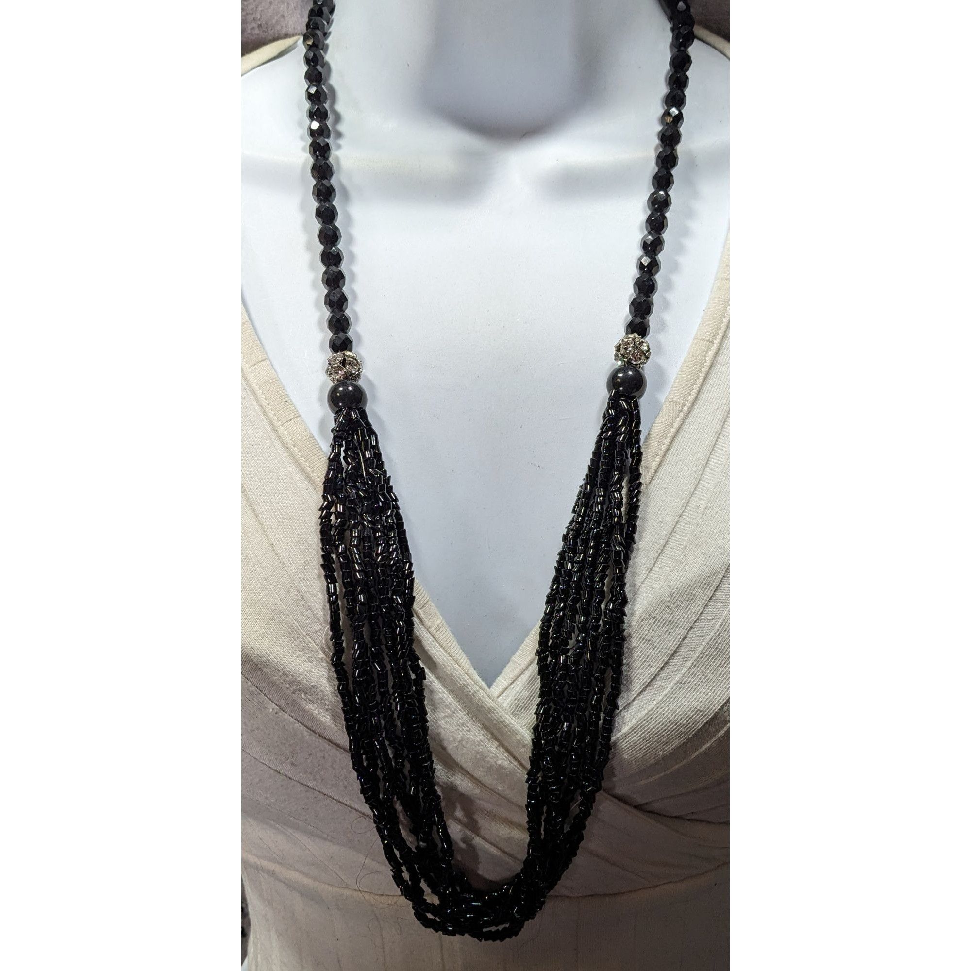 Other Glam Goth Black Multi-Strand Beaded Necklace With Crystal Ac Size ONE SIZE - 1 Thumbnail