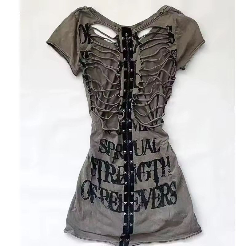 Vintage Y2k Khaki Gothic Punk Zipper Top T Shirt Size M / US 6-8 / IT 42-44 - 2 Thumbnail