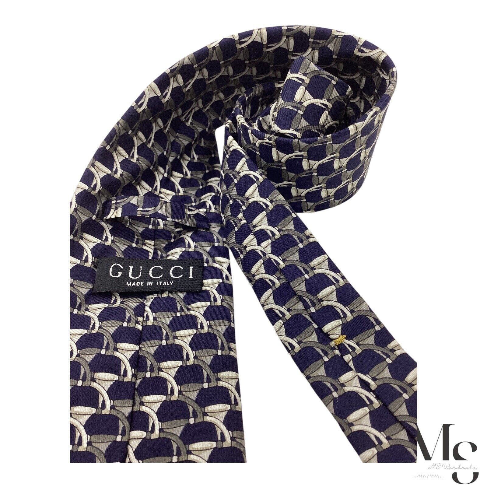 Gucci GUCCI Blue & Gray Stirrups Luxury Silk Tie Made In Italy W: Size ONE SIZE - 4 Thumbnail