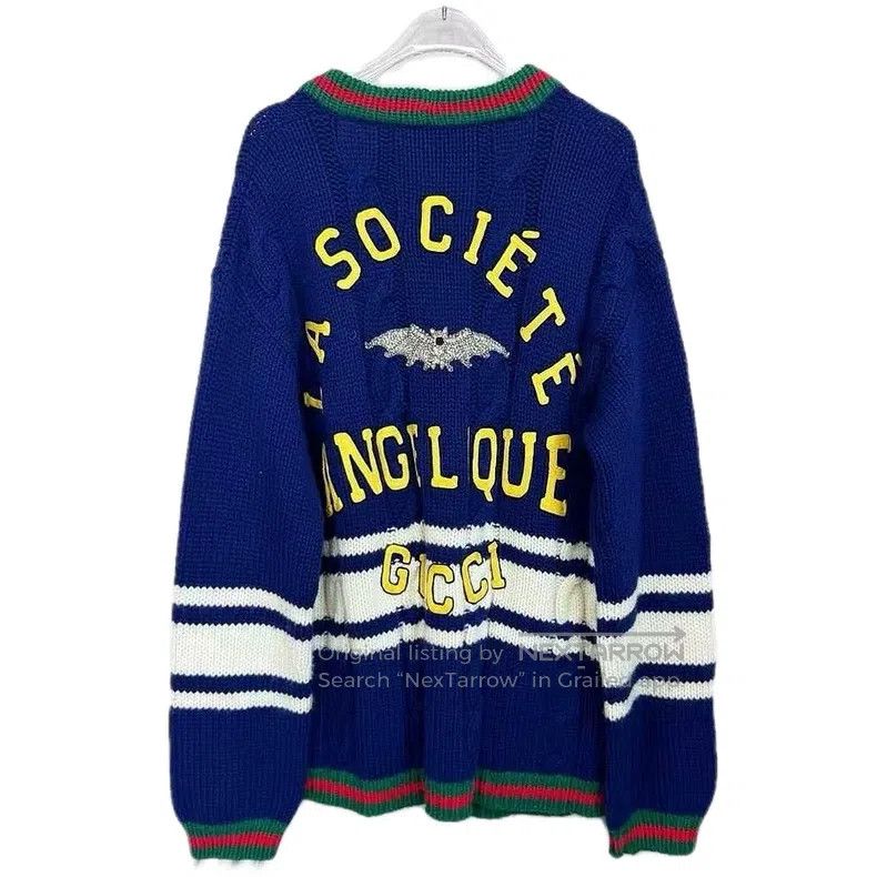 Gucci Gucci Dark blue striped logo letter inlaid wool V-neck sin Size US M / EU 48-50 / 2 - 2 Thumbnail