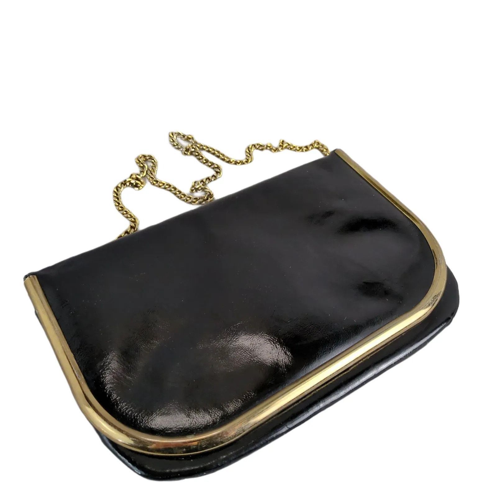 Vintage Susan Gail Genuine Patent Black Leather Clutch Purse Chain, Women's