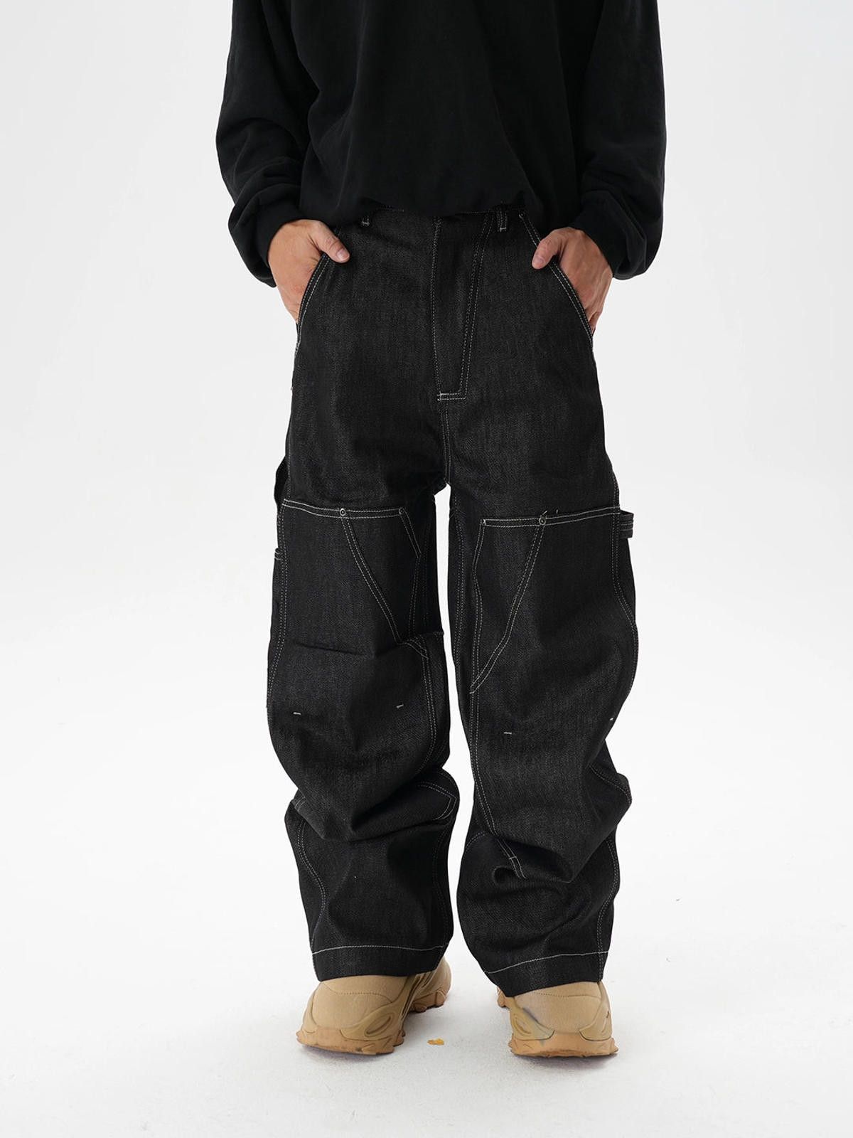 Japanese Brand Black Baggy Carpenter Jeans, Loose Fit Workwear Pants Size US 32 / EU 48 - 3 Thumbnail