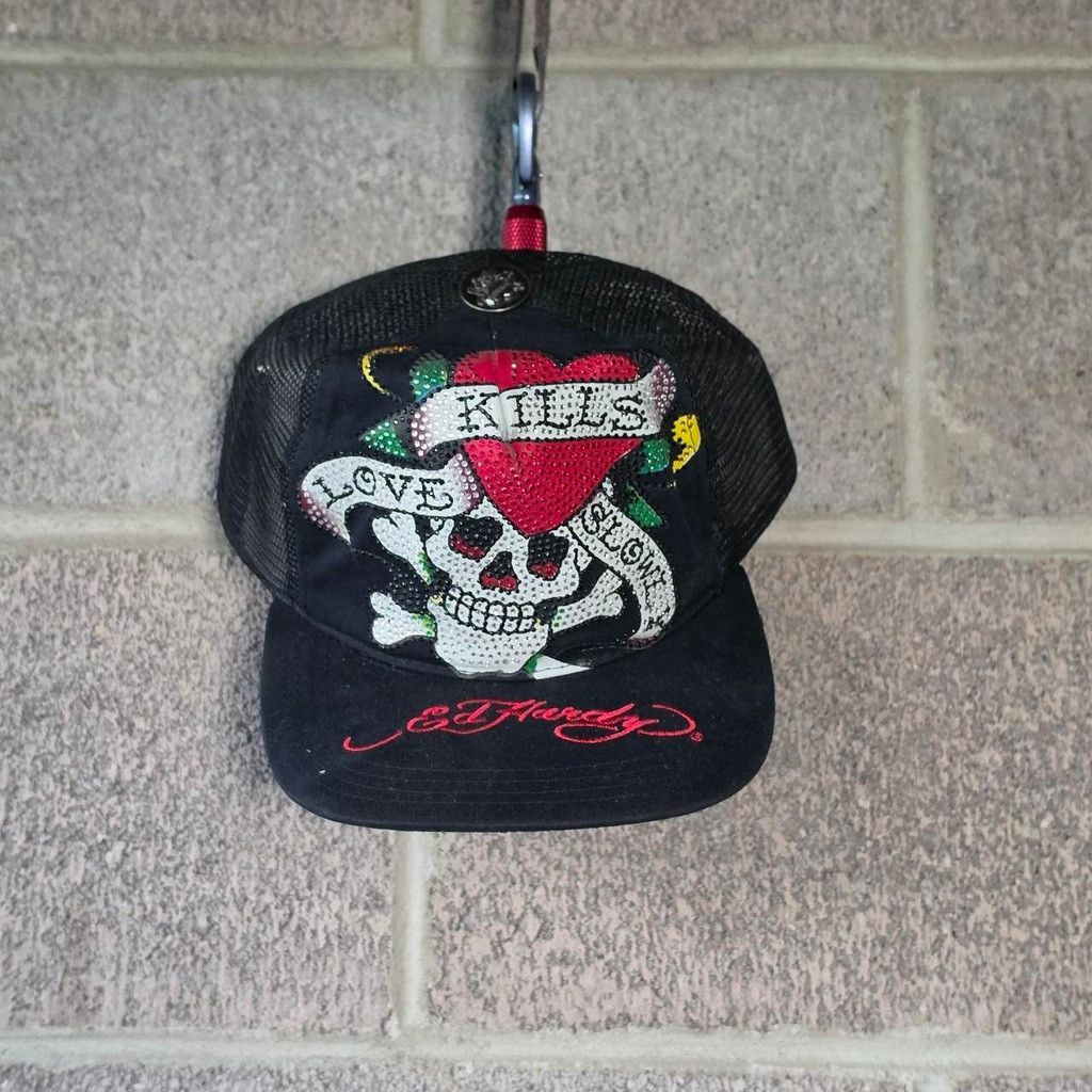 Ed Hardy rare Ed Hardy black trucker cap with rhinestone skull design Size ONE SIZE - 1 Thumbnail