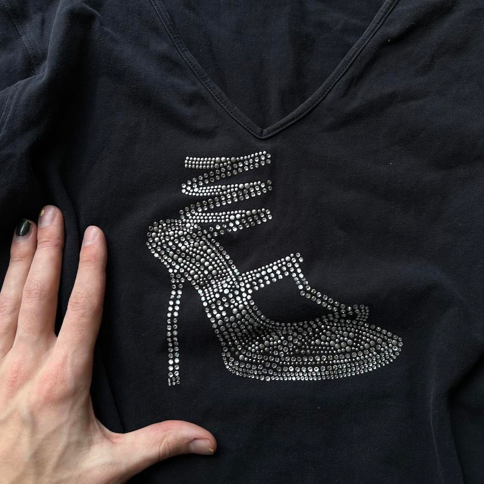 Vintage Vintage Y2K Silver Black Heel Shoe Bedazzled 3qt Shirt Top Size XL / US 12-14 / IT 48-50 - 4 Thumbnail