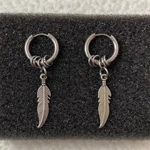Jewelry Titanium Steel Feather Dangle Drop Earrings For Men Women in Silver