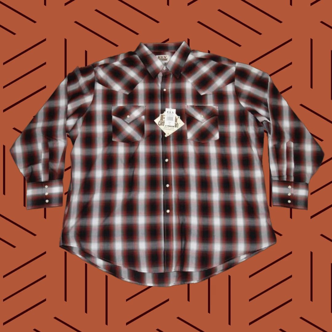 VINTAGE ELY CATTLEMAN Men's Long Sleeve Red Black Plaid Western Shirt XXL 18 1/2 18 1/2