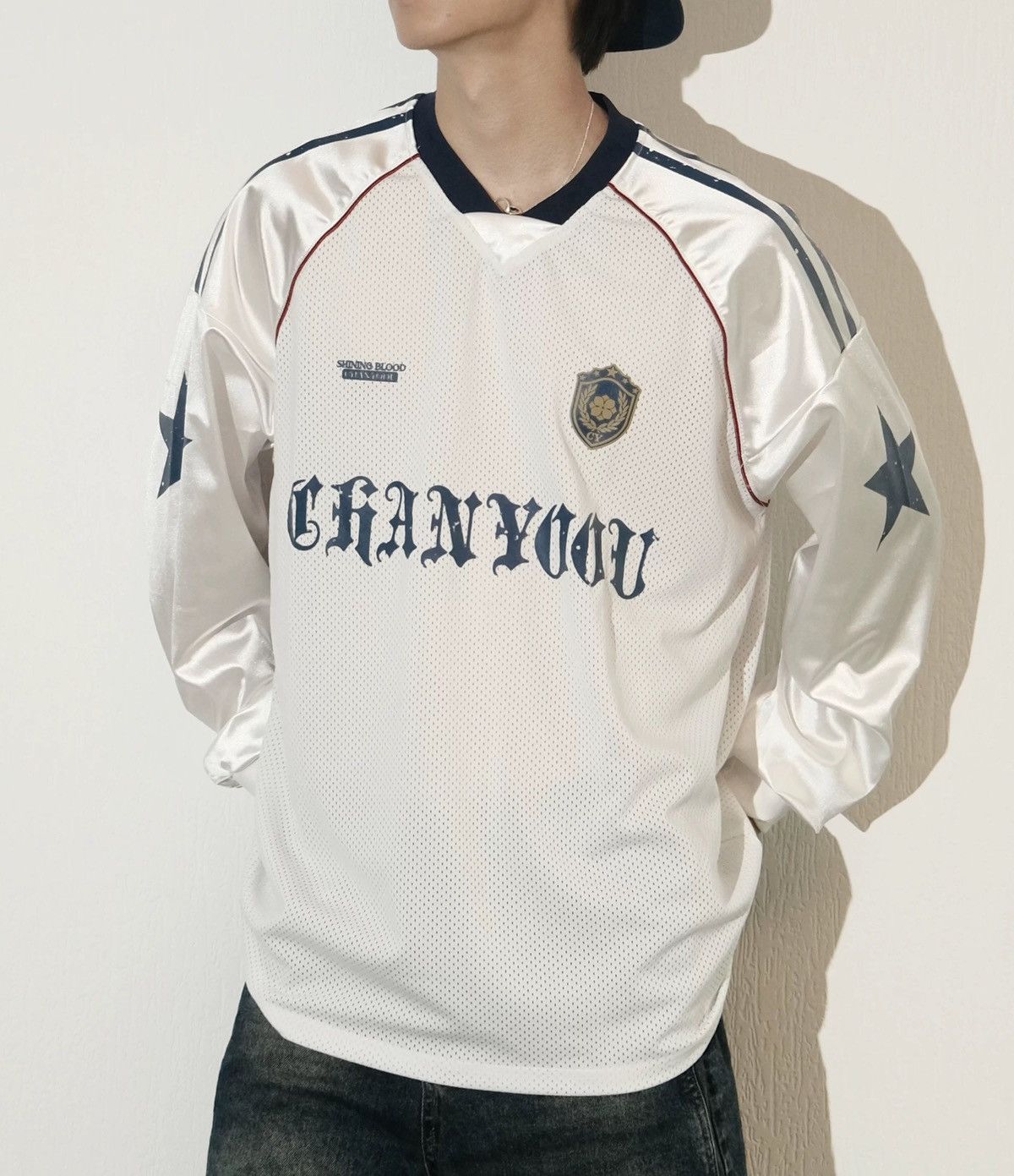 Blokecore retro logo printed star mesh long sleeve t-shirt