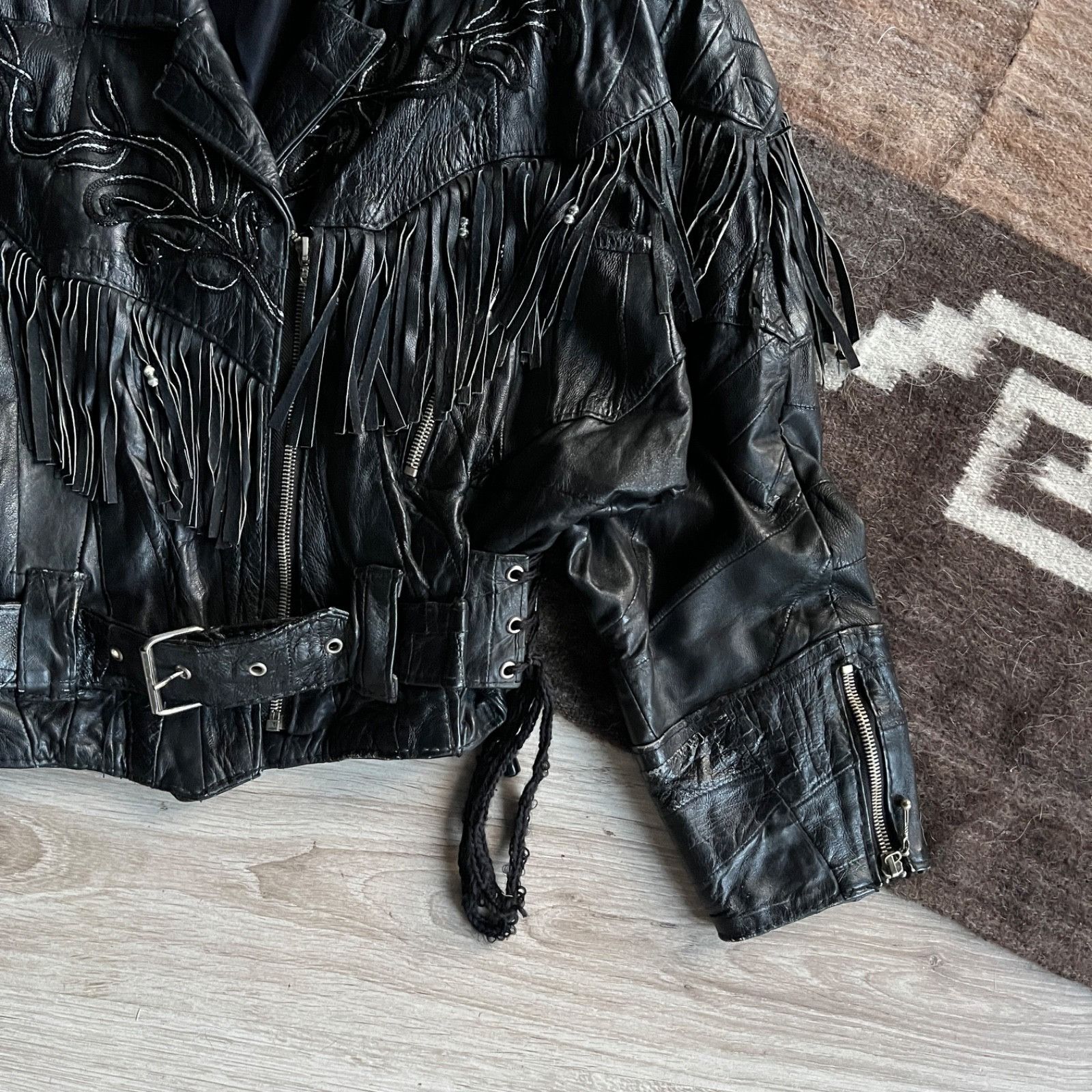 Leather Vintage Leather Fringe Western Biker Patchwork Jacket 9723AC Size S / US 4 / IT 40 - 7 Thumbnail