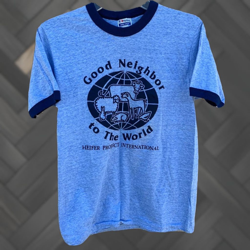 Hanes VINTAGE Heifer Project International Ringer T Shirt M Men Blue 1980s Hanes Poly/Cotton Graphic Tee Size US M / EU 48-50 / 2 - 1 Thumbnail