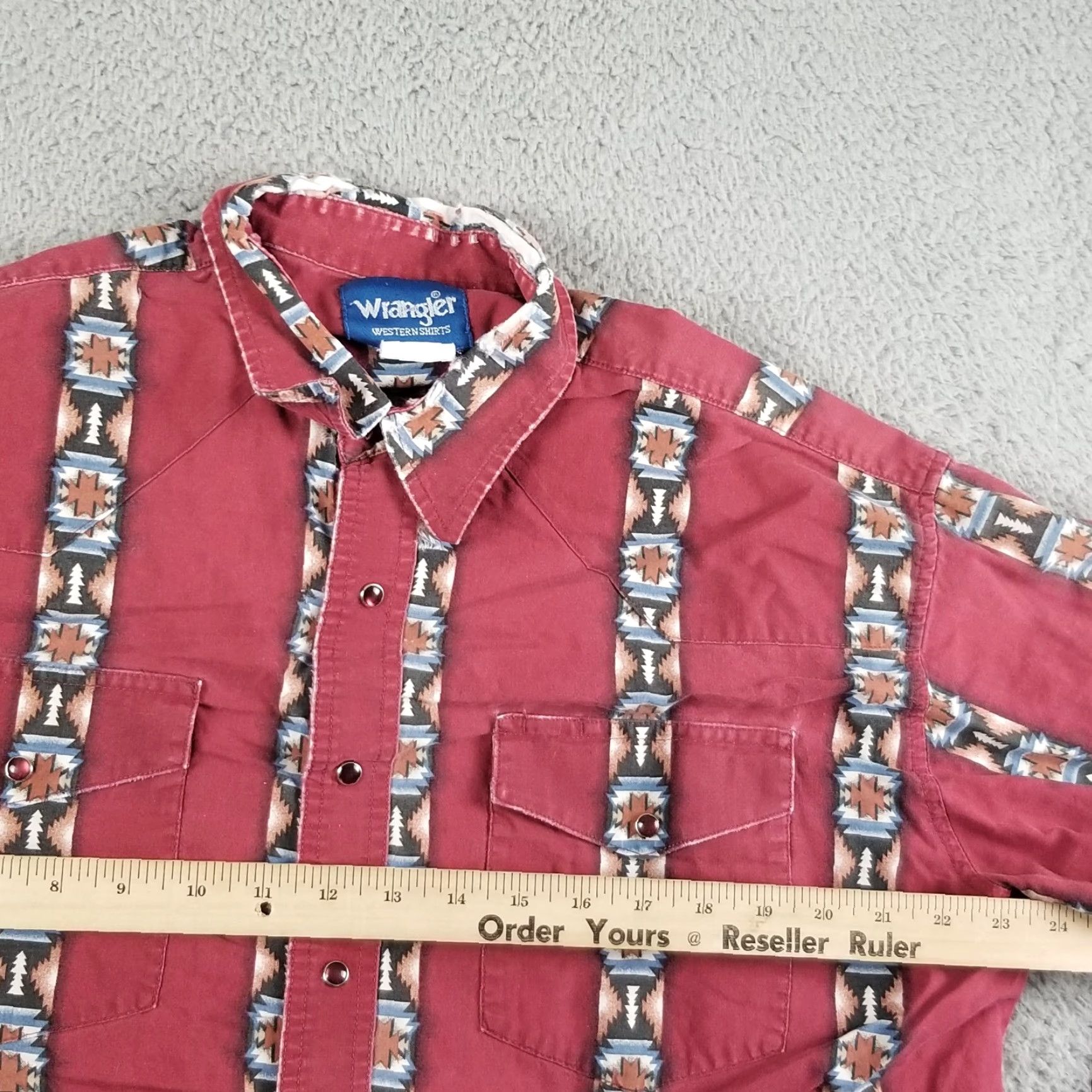 Wrangler Vintage Wrangler Western Shirt Men XL Aztec Brush Popper Pearl Snap Red Distress Geometric Pattern Canvas Cotton Heavyweight Size US XL / EU 56 / 4 - 5 Thumbnail