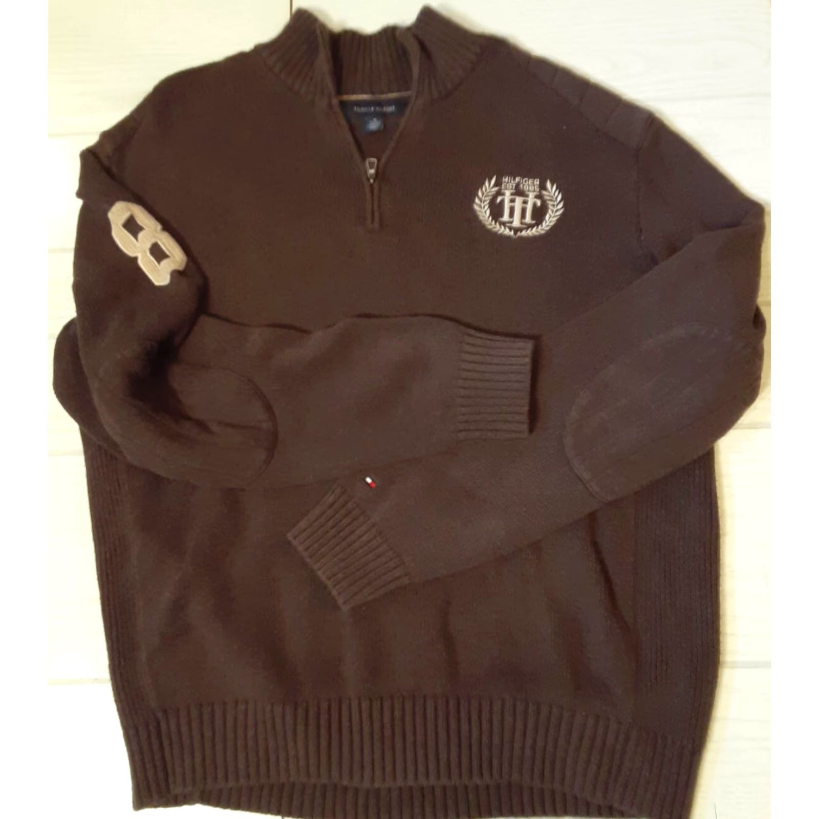 Tommy Hilfiger VINTAGE Tommy Hilfiger Sweater 1/4 Zip Crew Neck Men 8XL Brown Cotton Crest Pullover II 26in Long Mens Size US XXL / EU 58 / 5 - 2 Thumbnail