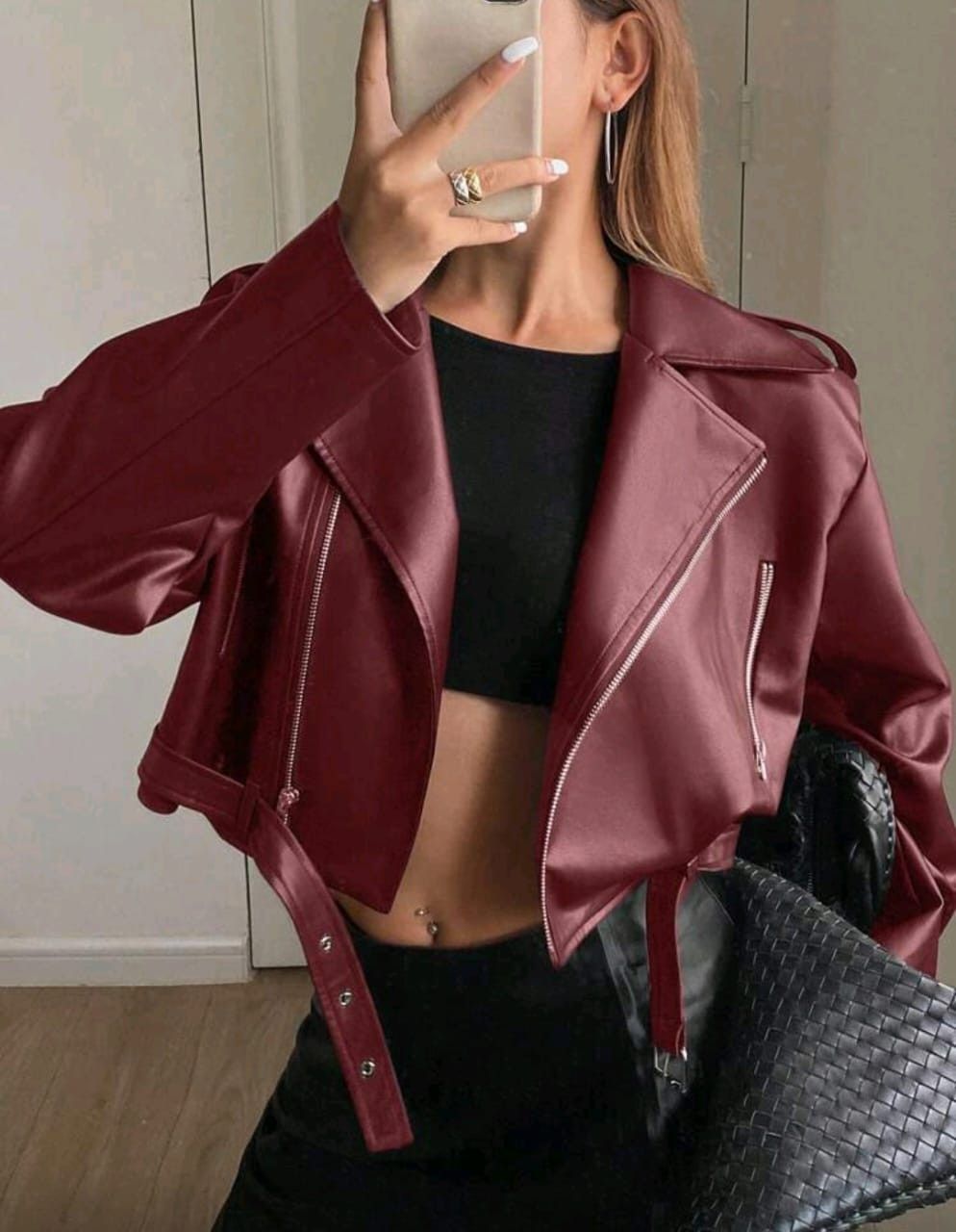 Other Women’s Burgundy Faux Leather Biker Jacket–Cropped Fit 🍷🔥 Size S / US 4 / IT 40 - 3 Thumbnail