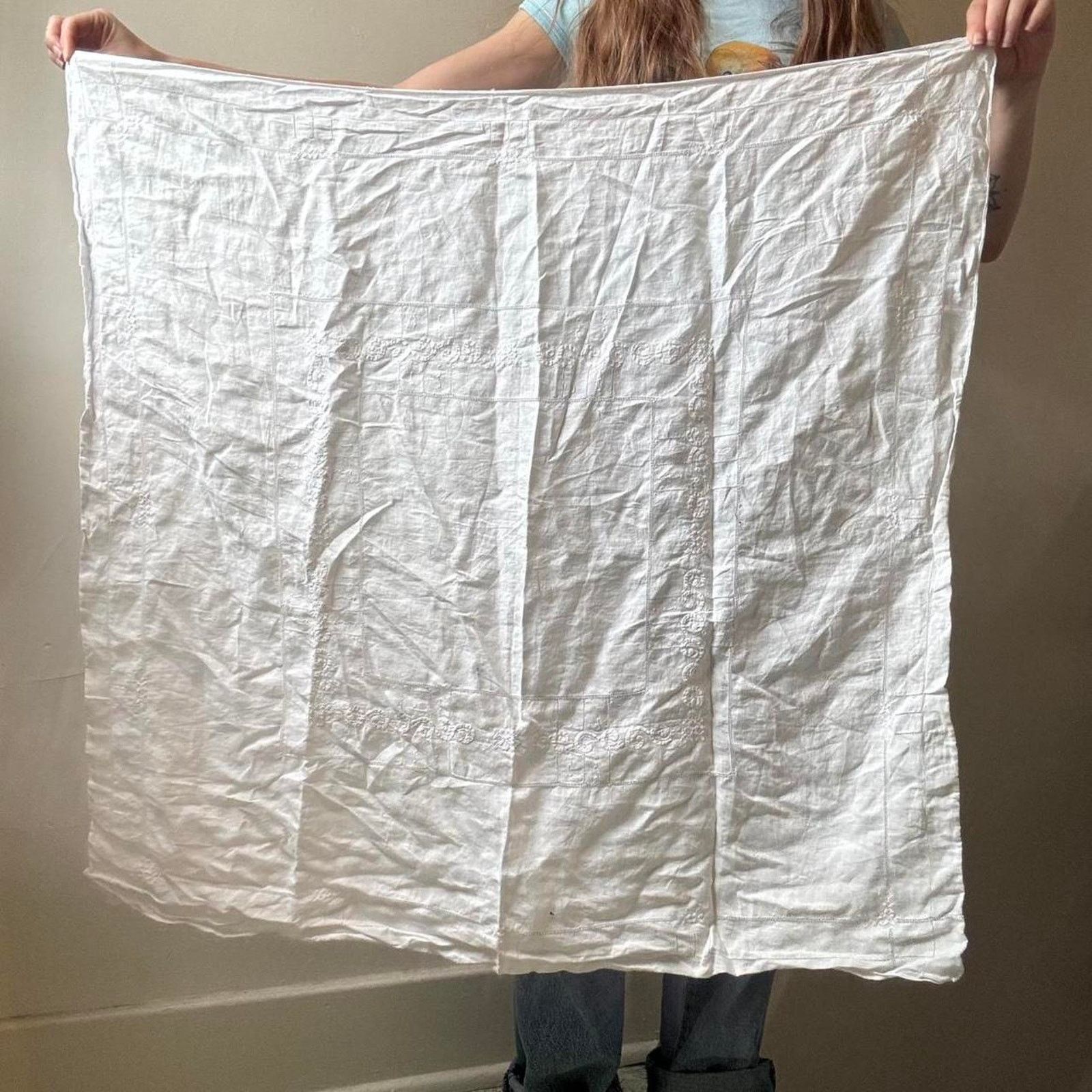 Handmade Vintage Unbranded White Square Linen Scarf Size ONE SIZE - 2 Thumbnail