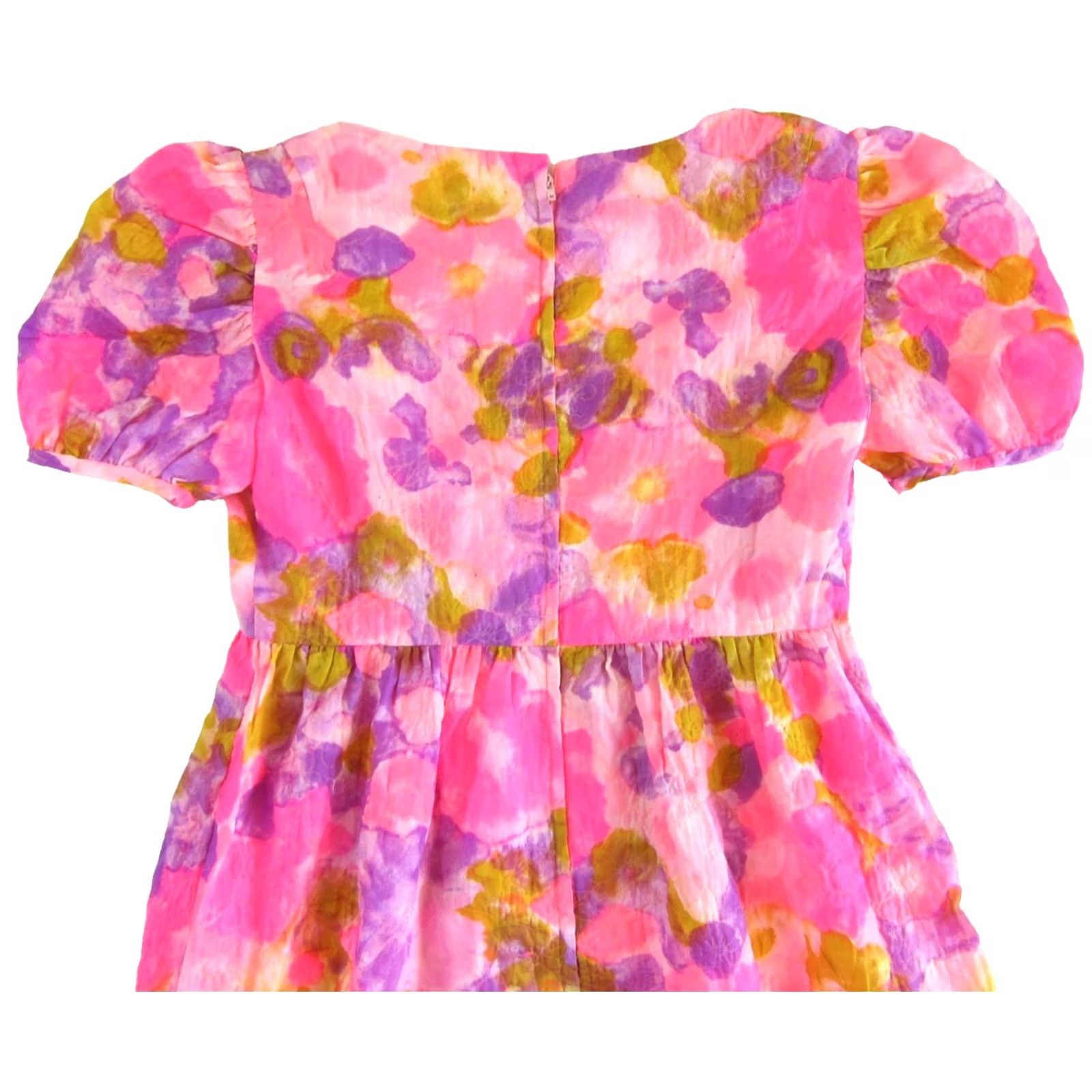Vintage VINTAGE Handmade Neon Pink Purple Floral Short Sleeve Empire Waist Dress XS Tall Size 26" / US 2 / IT 38 - 4 Thumbnail