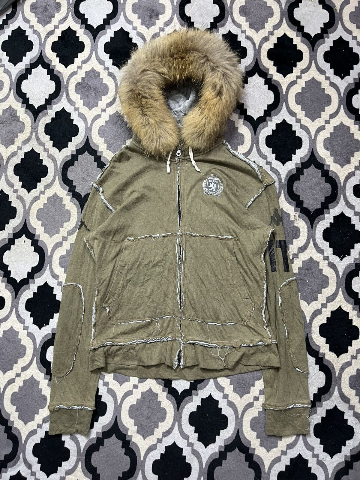 2000s kappa faux fur crazy distressed punk hoodie