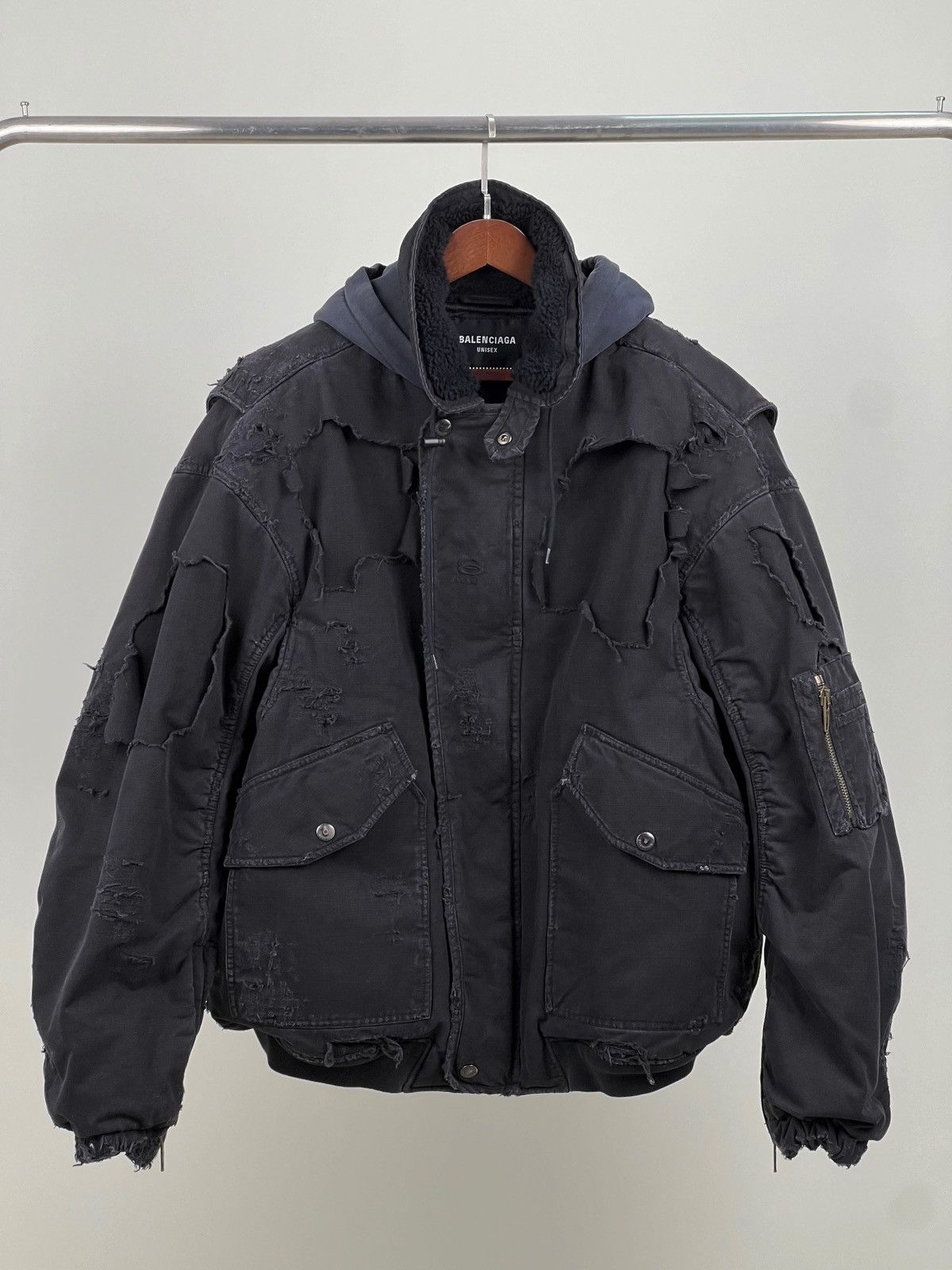image of Balenciaga Destroyed Bomber Jacket Size 2 in Black, Men's