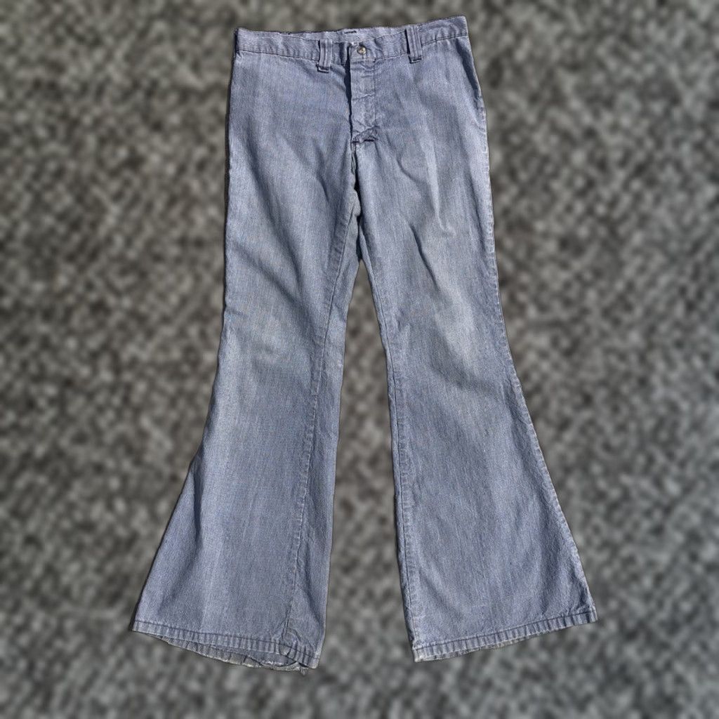 Bell VINTAGE Denim Bell Bottom Jeans W29 L31 Pincheck Stripe 60s Handmade Unbranded Unisex Adults Size 29" - 1 Thumbnail