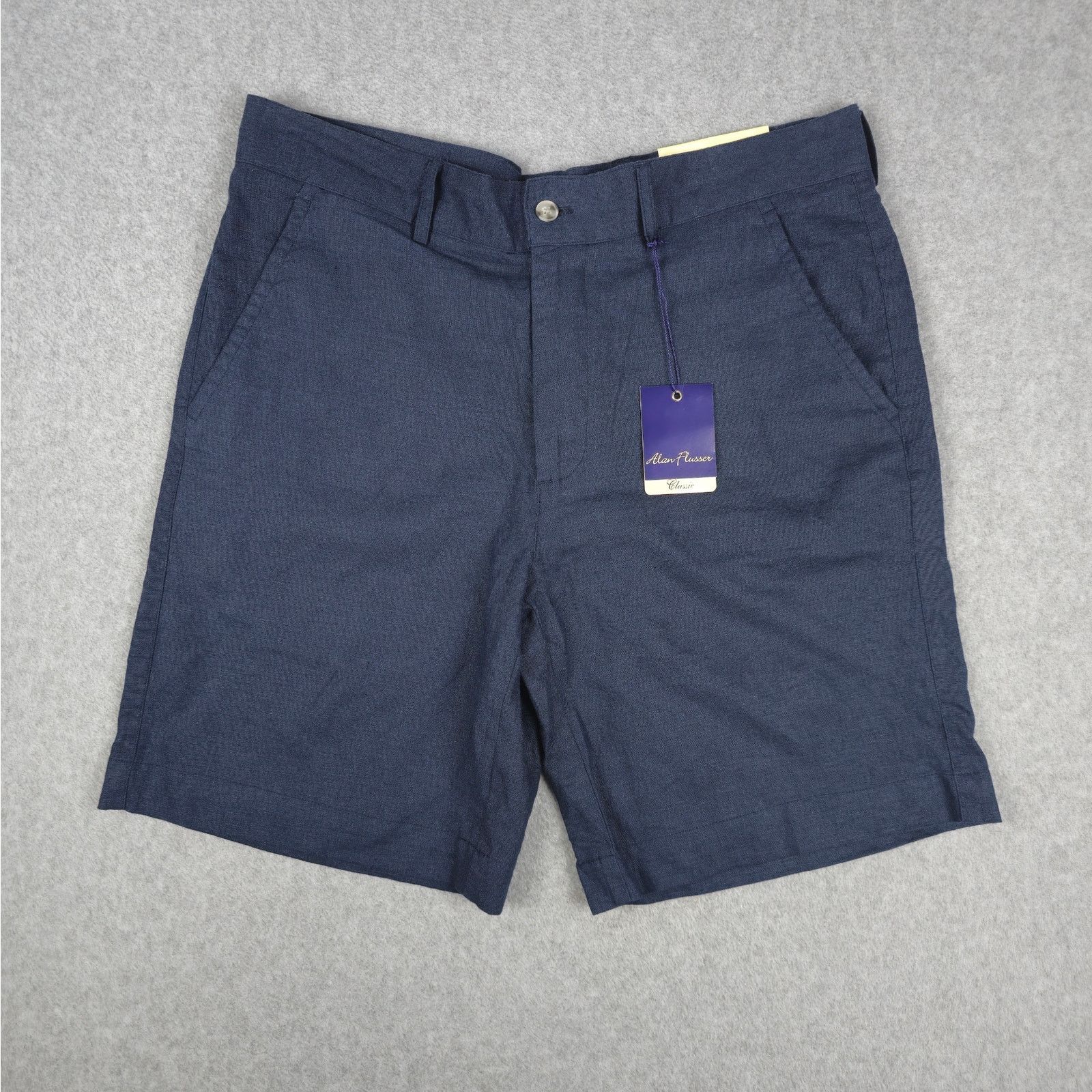 Alan Flusser Alan Flusser 34 Navy Linen Blend Flat Front Chino Shorts Size US 34 / EU 50 - 1 Thumbnail