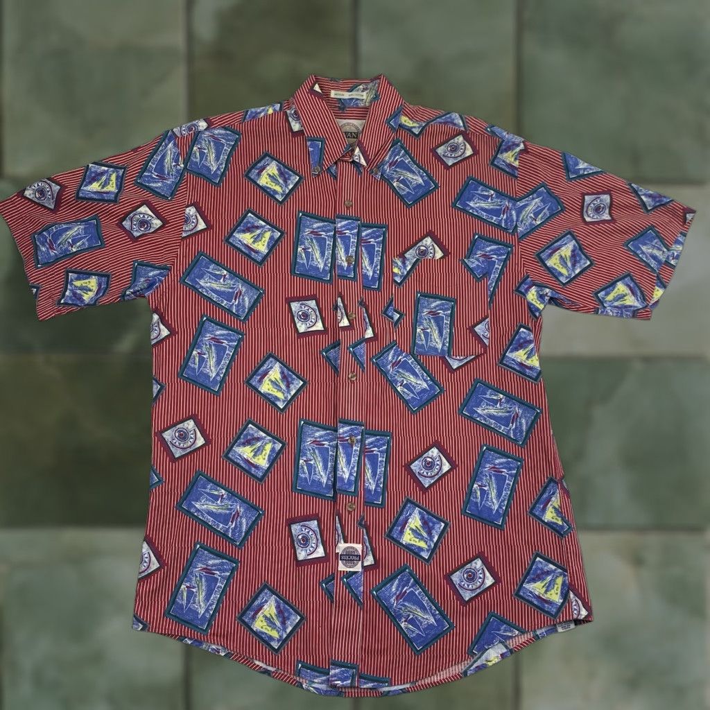 Savane VINTAGE Savane Button-Up Shirt Men Adult Medium Red Sail Boat Print Nautical 90s USA Navy? Size US M / EU 48-50 / 2 - 1 Thumbnail