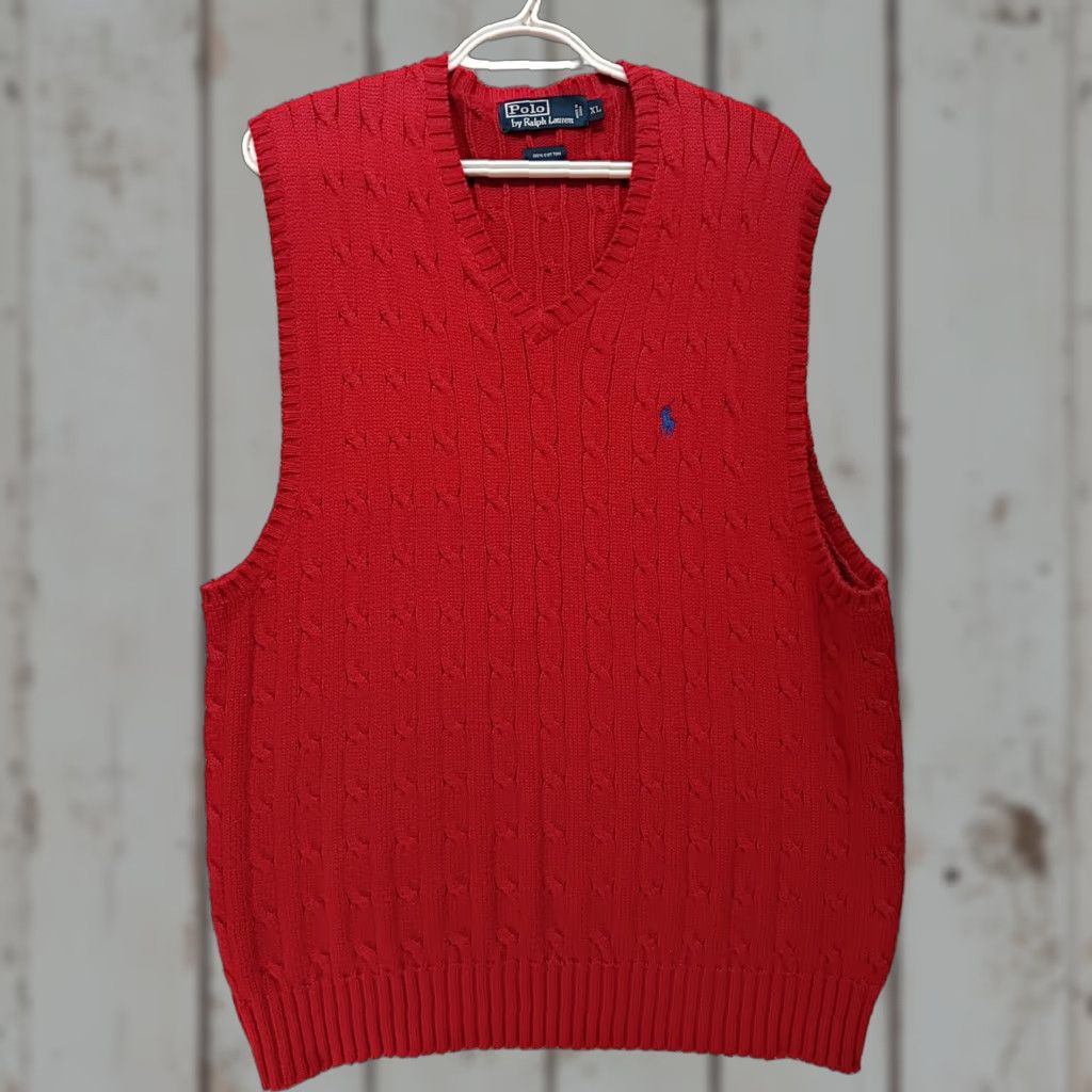 Polo Ralph Lauren VINTAGE Polo Ralph Lauren Vest Men's XL Red Cable Knit V Neck 100% Cotton Size US XL / EU 56 / 4 - 1 Thumbnail
