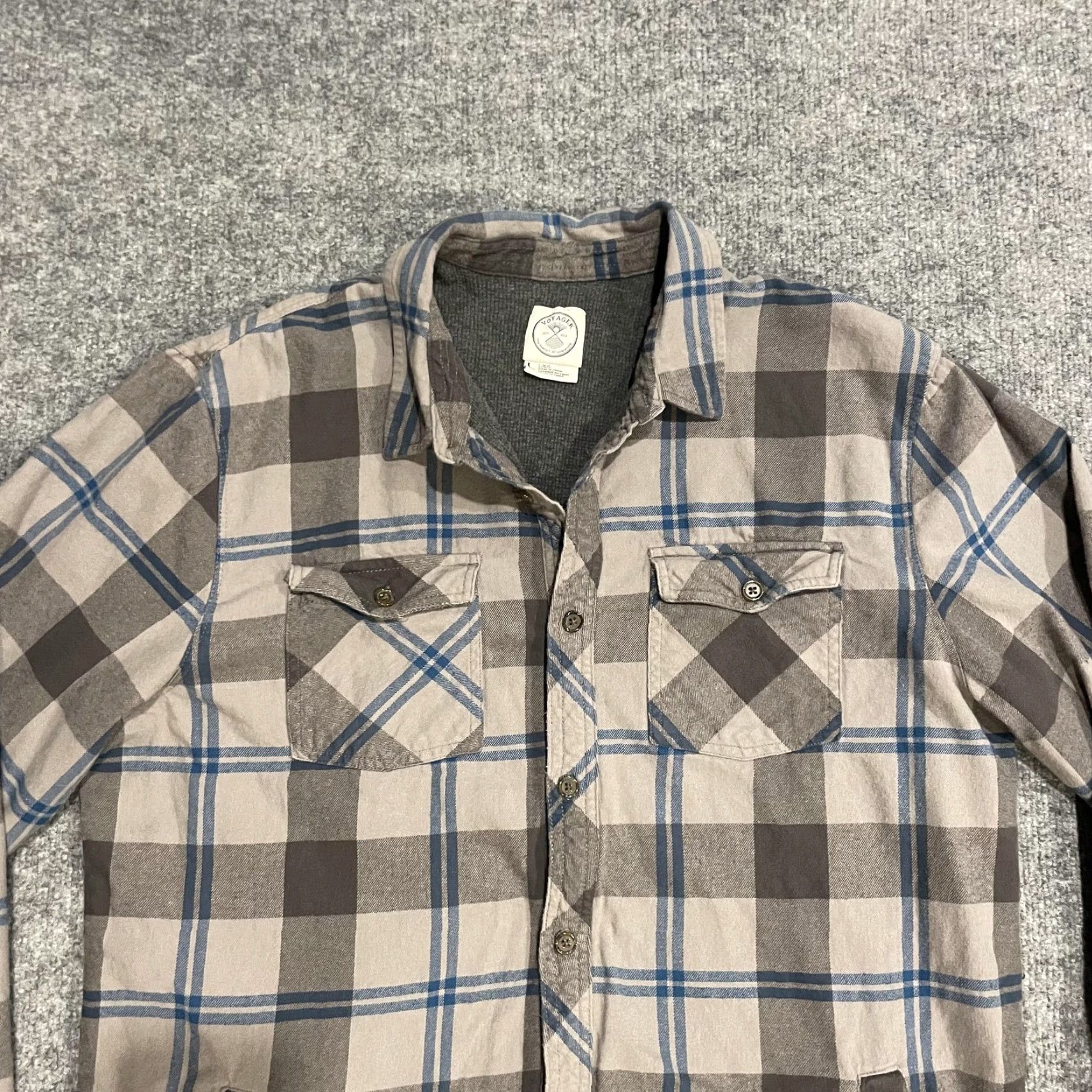 Vintage Voyager Shirt Mens L Brown Gray Blue Plaid Flannel Lined Heavyweight Polar Fleece Button-Up Pockets Size US L / EU 52-54 / 3 - 3 Thumbnail