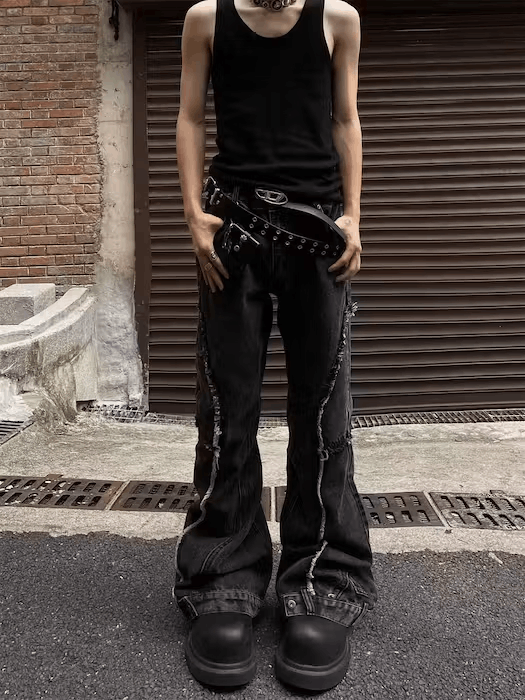 image of Retro Street Grunge Raw Edge Micro-Flared Jeans in Black, Men's (Size 34)