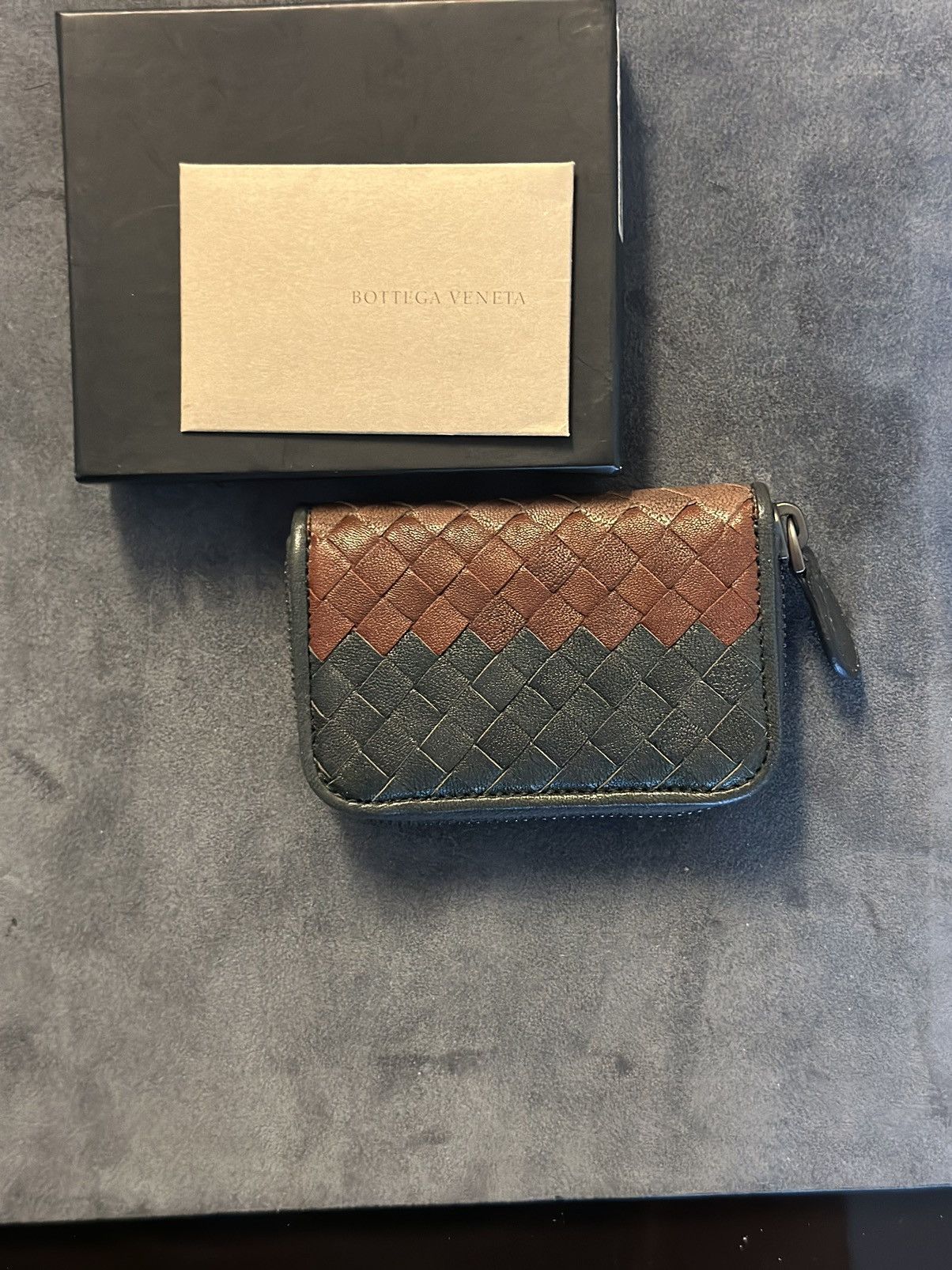 image of Bottega Veneta Zip Around Coin Case Intrecciato in Grey, Men's