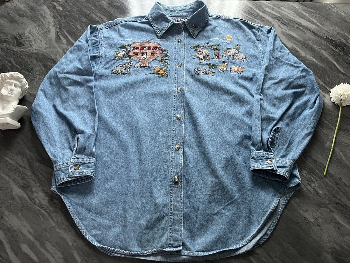 Vintage Quizz Newyork : Embroidered Animal Zoo Denim Shirt Size XXL / US 16-18 / IT 52-54 - 2 Thumbnail