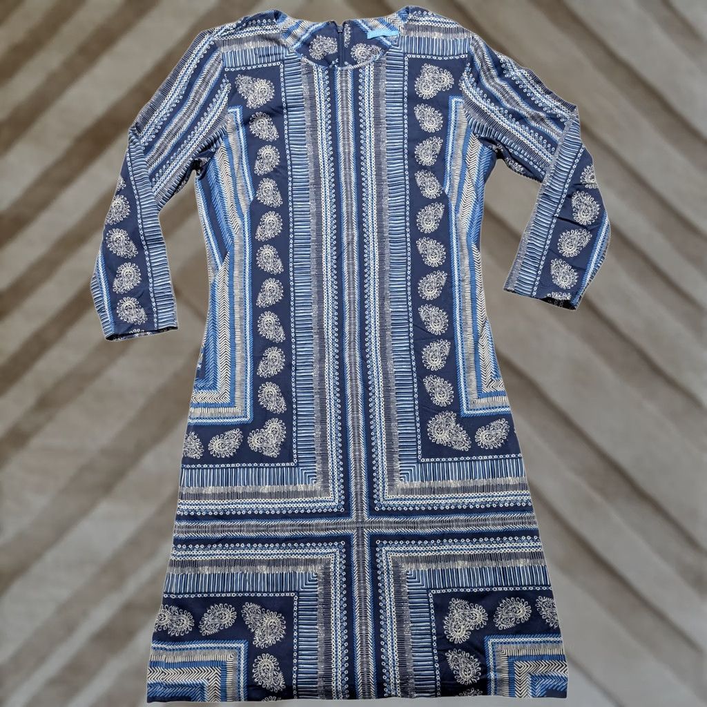 J.McLaughlin J.McLaughlin XS Blue Paisley Geometric Catalina Cloth Sheath Dress Long Sleeve Dress Navy Blue Women XS Belt Zip Collarless Round Neck Casual Workwear Size XS / US 0-2 / IT 36-38 - 1 Thumbnail