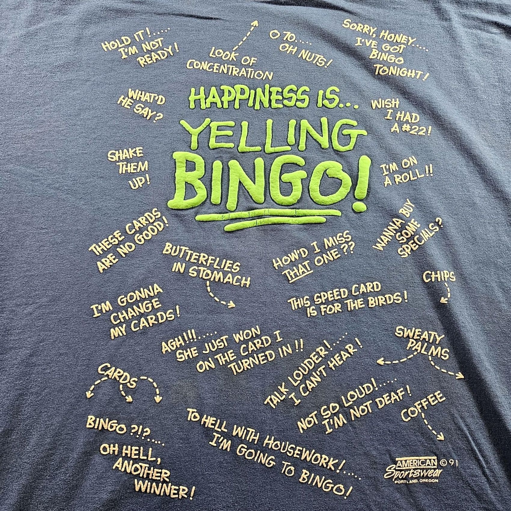 Hanes VINTAGE Bingo Shirt Mens XL Blue American Sportswear Funny Graphic 90s Tee 1991 Size US XL / EU 56 / 4 - 2 Thumbnail