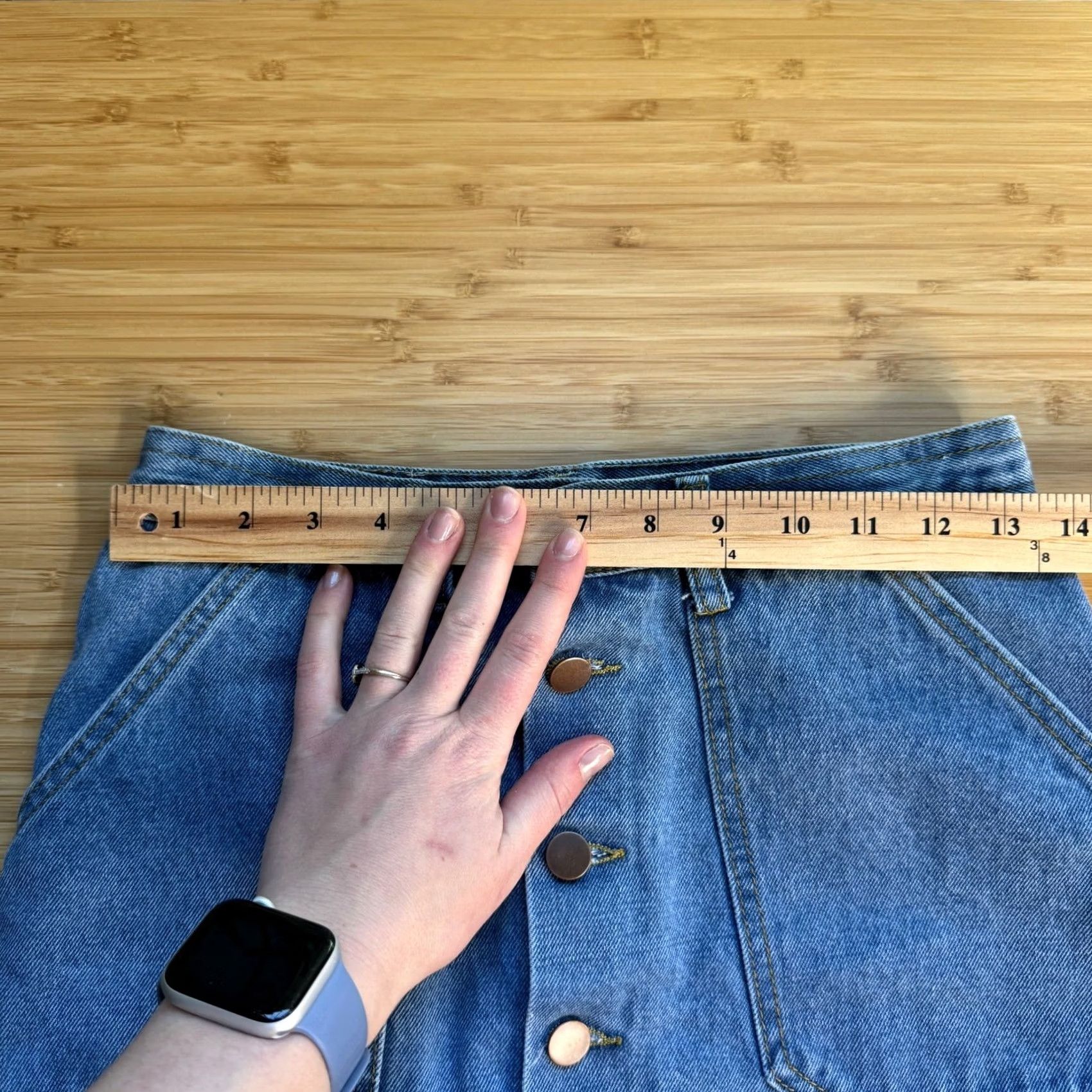 Denime Blue Denim Button Front Mini Skirt Size S Patch Pockets Retro 70s Indie Wash Size 28" / US 6 / IT 42 - 4 Thumbnail
