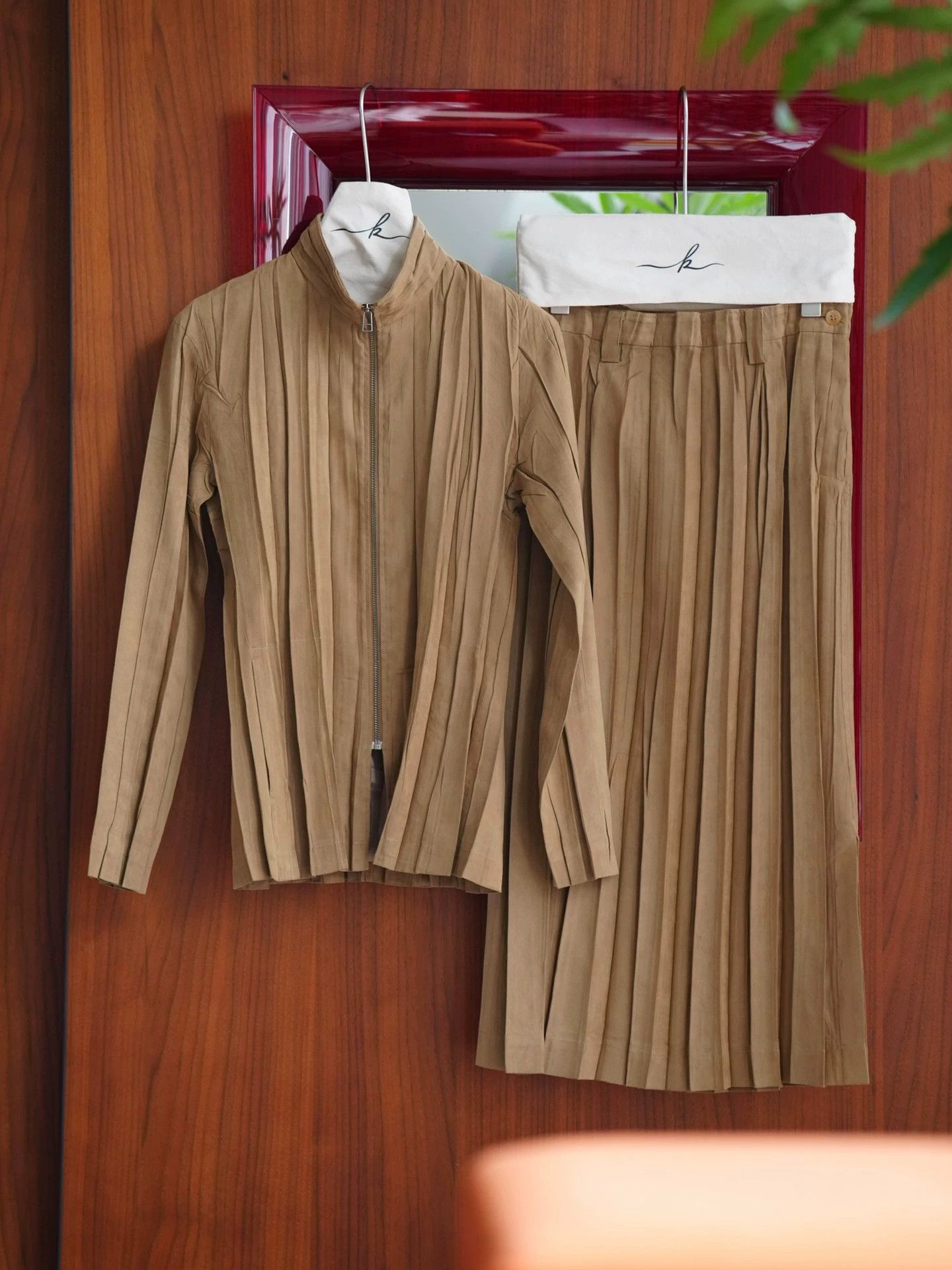 Issey Miyake Issey Miyake 90s Tan Pleated Faux Suede Jacket Skirt Set Size XS / US 0-2 / IT 36-38 - 2 Thumbnail