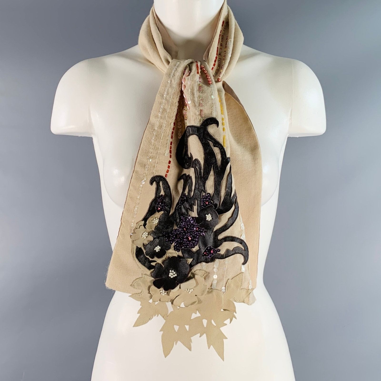 Etro Beige Multi Color Beaded Leather Wool Silk Sequined Scarf Size ONE SIZE - 7 Thumbnail