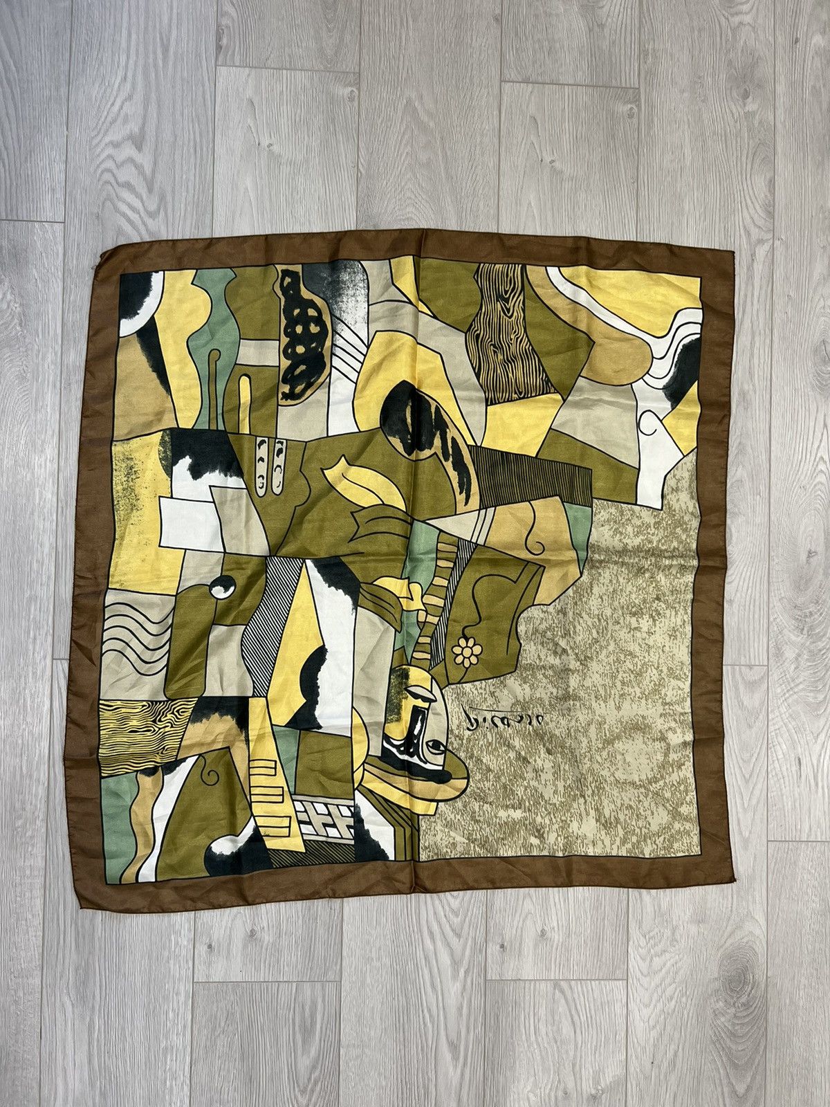 Vintage 90s Picasso Silk Scarf Art museum brown
