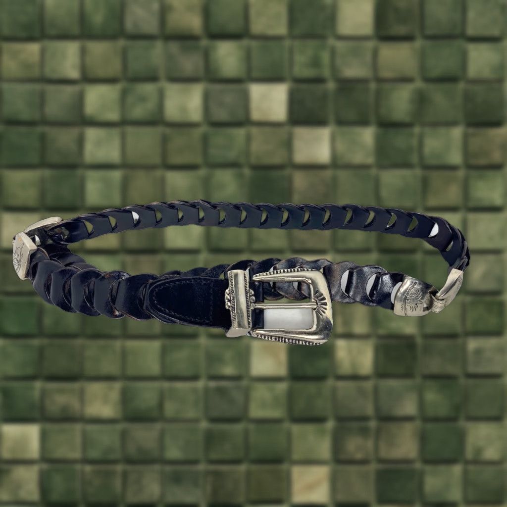 VINTAGE 90s Women's Leather Chain Belt Small Black Solid Silver