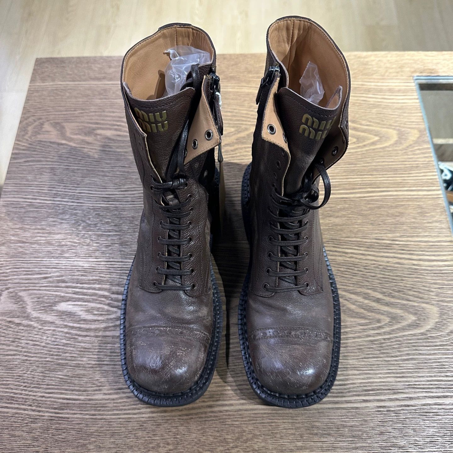 Miu Miu MIU MIU brown distressed calfskin ankle boots apr518 37 Size US 7 / IT 37 - 2 Thumbnail