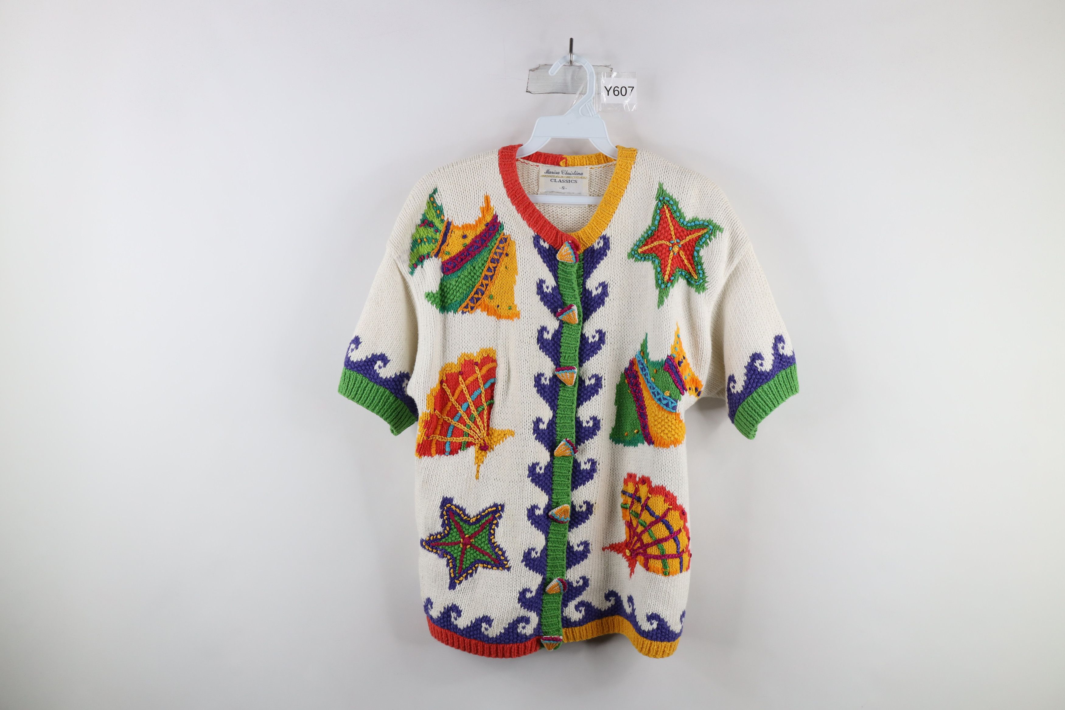 image of Vintage 90's Streetwear Knit Fish Seashell Cardigan Sweater, Women's (Size Small)