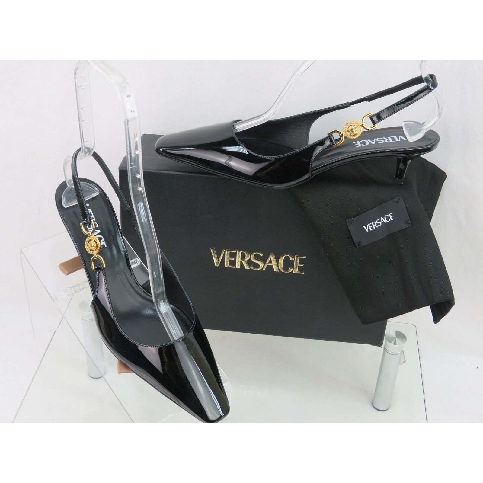 Versace VERSACE BLACK PATENT LEATHER GOLD MEDUSA SANDALS PUMPS 39.5 Size US 9.5 / IT 39.5 - 6 Thumbnail