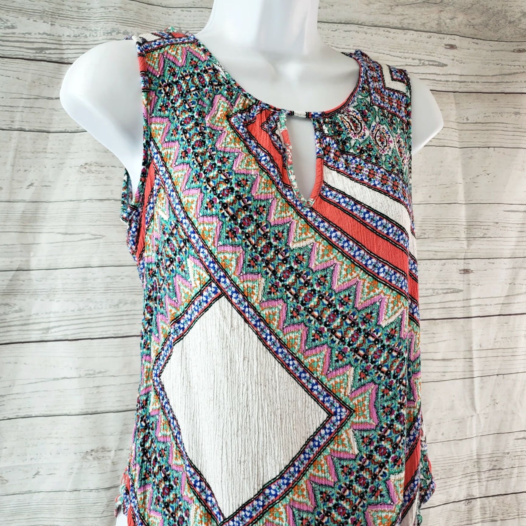 Pinko Renee C Womens Blouse Shirt Sleeveless Pink Teal Round Neck Size L Rayon Size L / US 10 / IT 46 - 2 Thumbnail