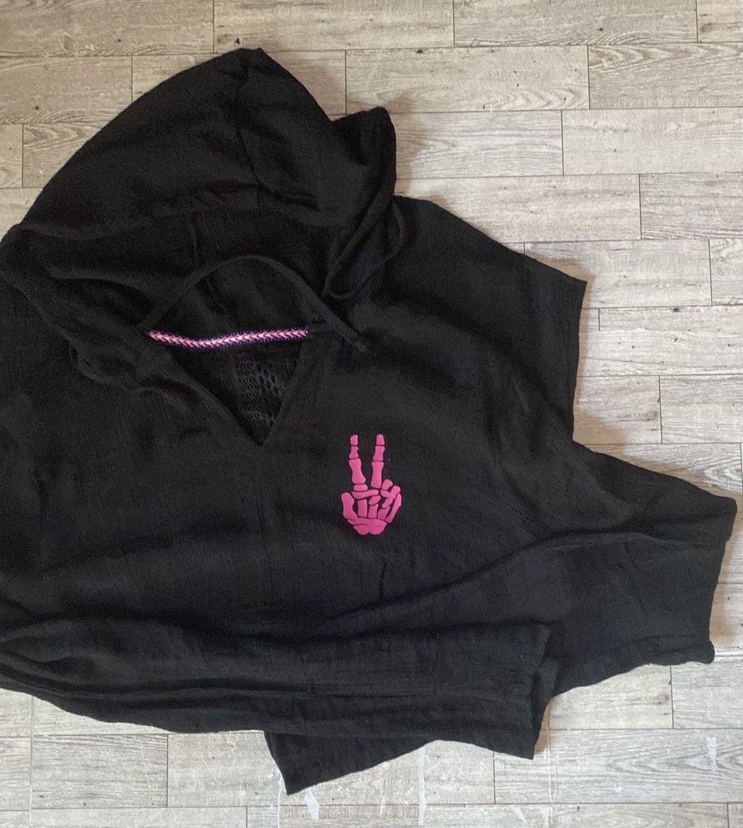 Vintage Retro, Peace Sign Skeleton, Upcycled, Hooded, Cover-Up Tunic Size S / US 4 / IT 40 - 15 Thumbnail