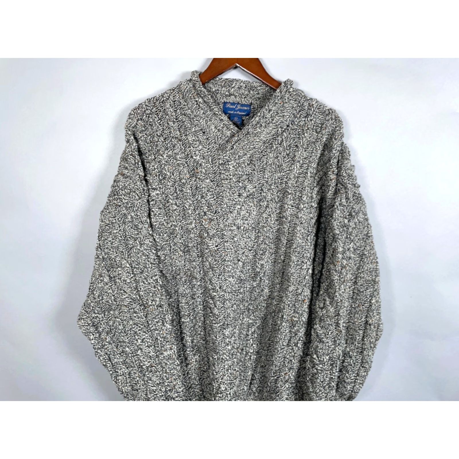 Paul James VINTAGE Paul James Pure Wool Sweater Mens Large Gray Cable Knit Shawl Collar England Size US L / EU 52-54 / 3 - 4 Thumbnail