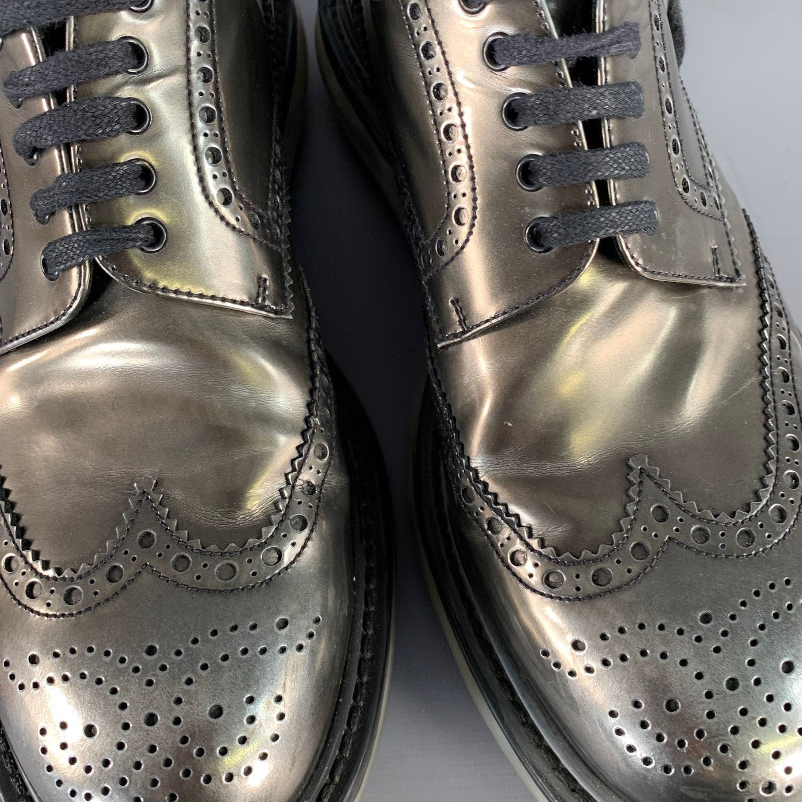 Prada PRADA Silver Metallic Leather Wingtip Lace-Up Shoes Size US 9 / EU 42 - 9 Thumbnail