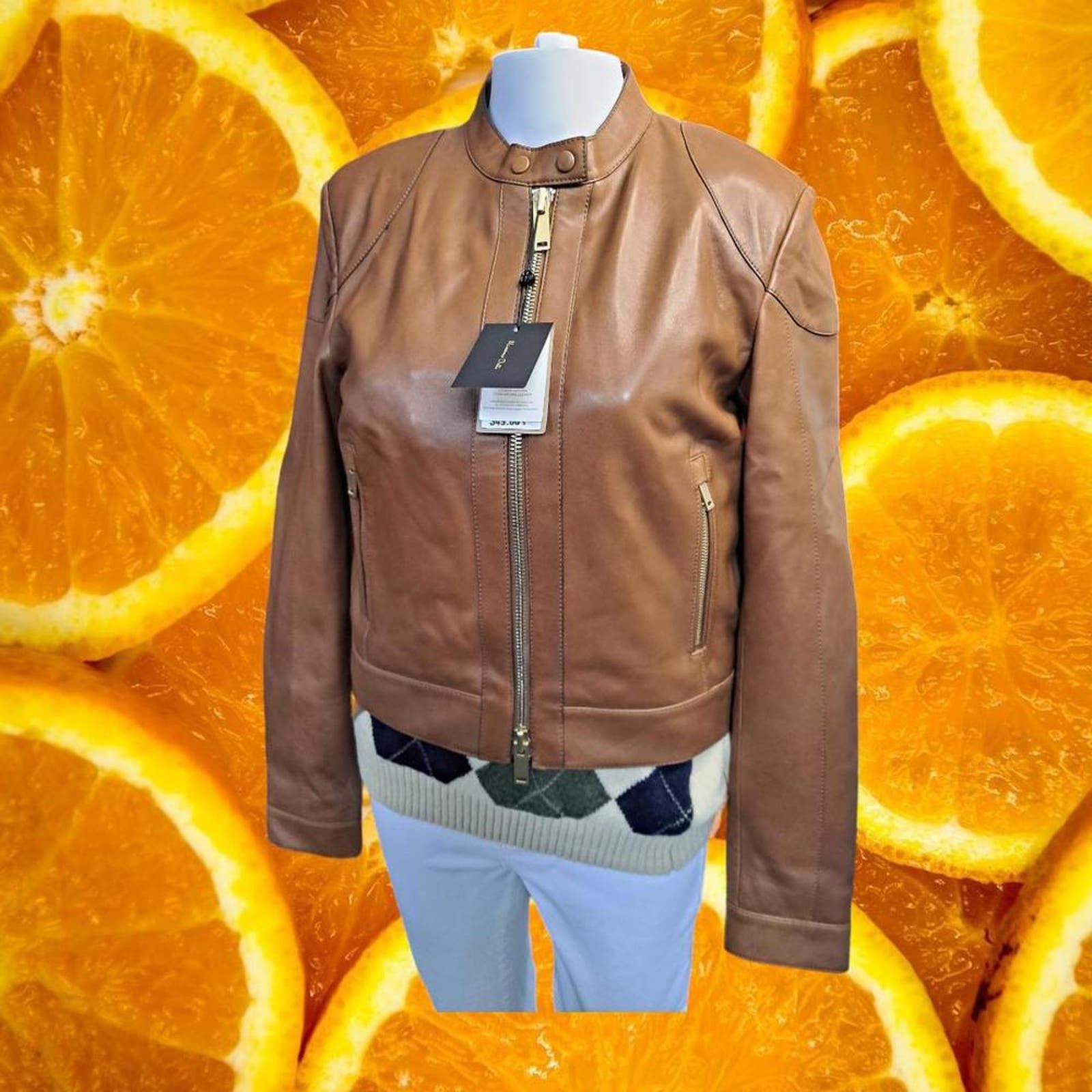 Image of NWT Massimo Dutti Tan Leather Motorcycle Jacket 4702 Small, Women's