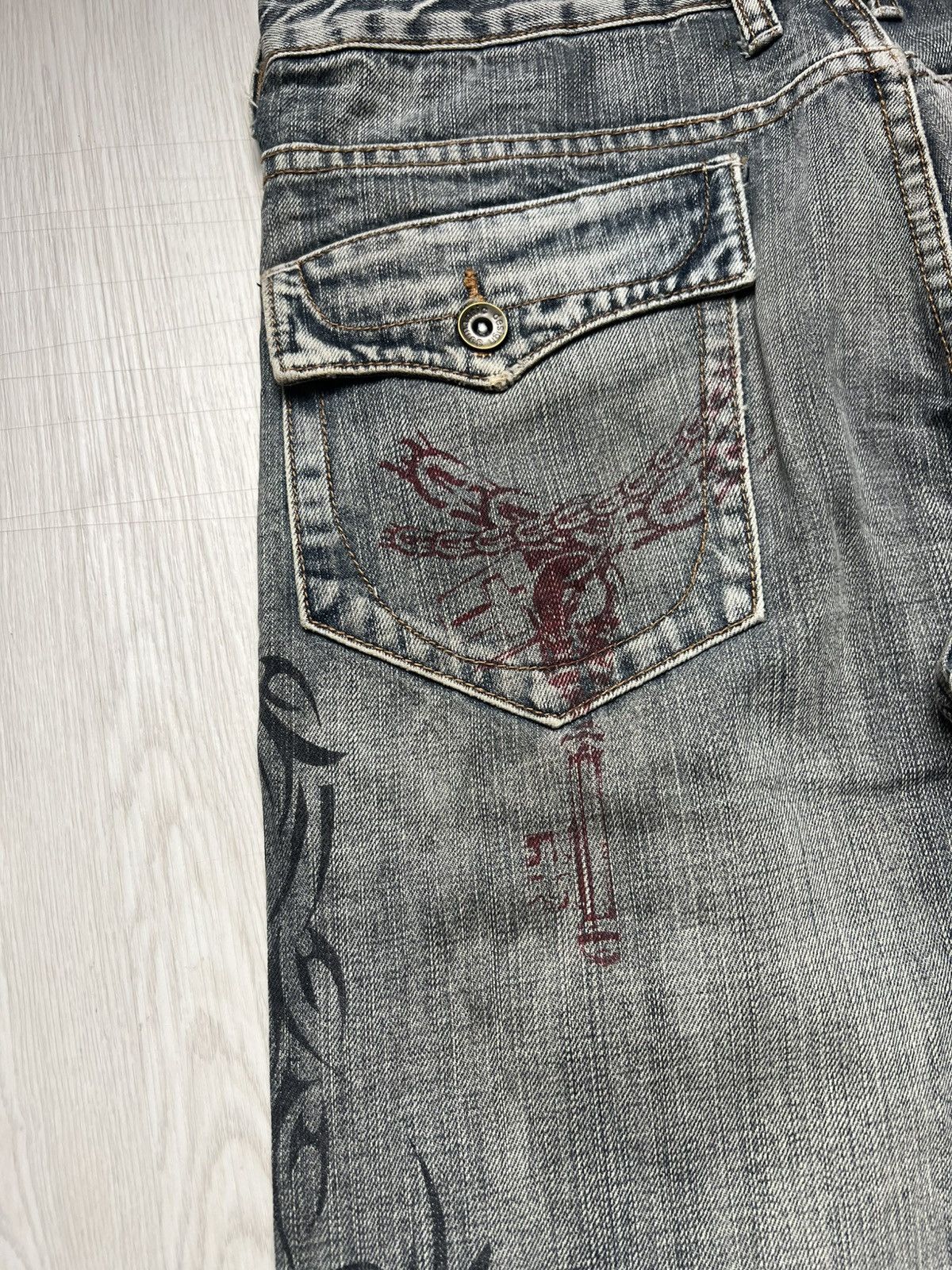 If Six Was Nine Semantic Design Tribal Tatto Printed Destroyed Flare Jeans Size US 32 / EU 48 - 5 Thumbnail