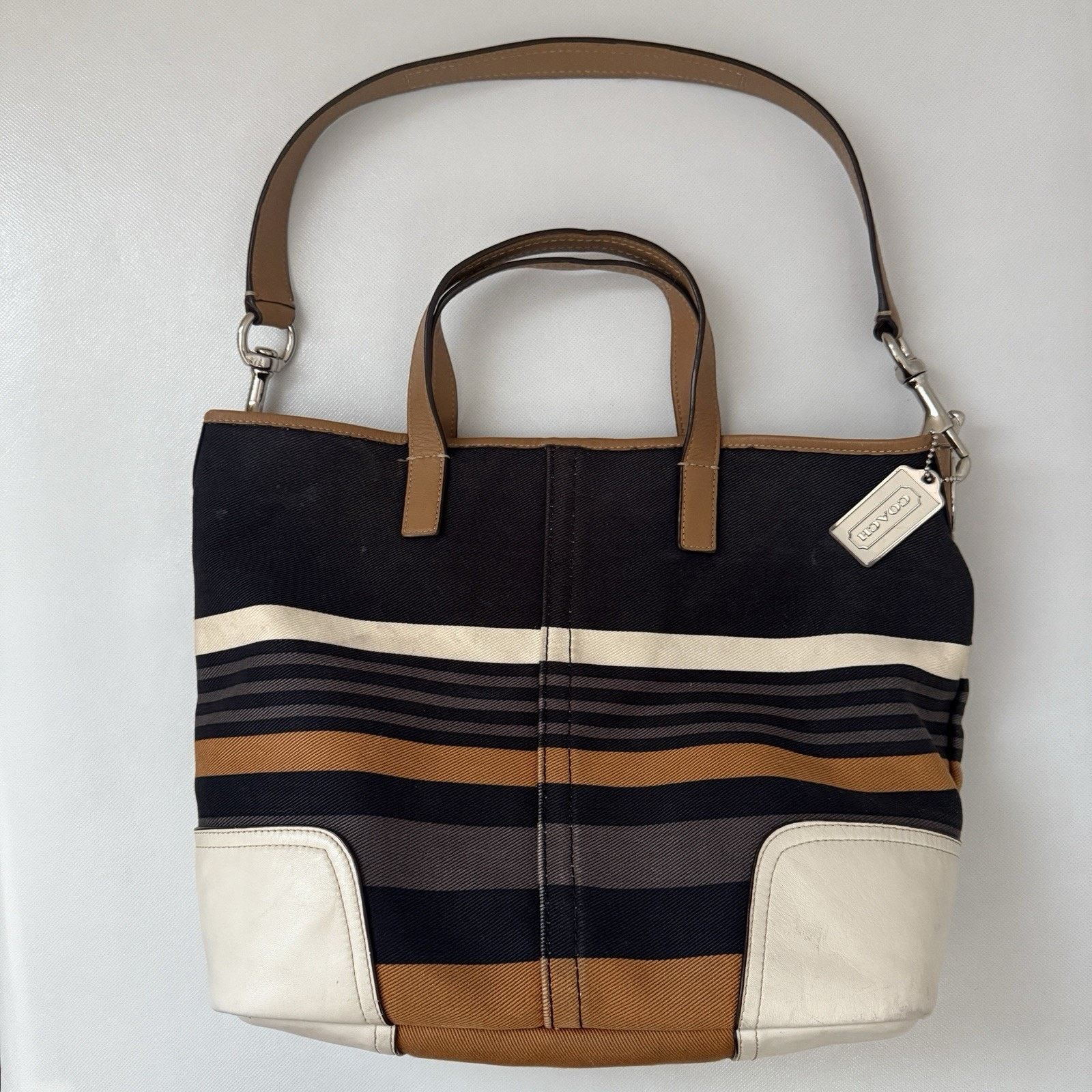 Coach Coach Hadley Tote Straps Striped Canvas Leather Travel Bag Size ONE SIZE - 1 Thumbnail