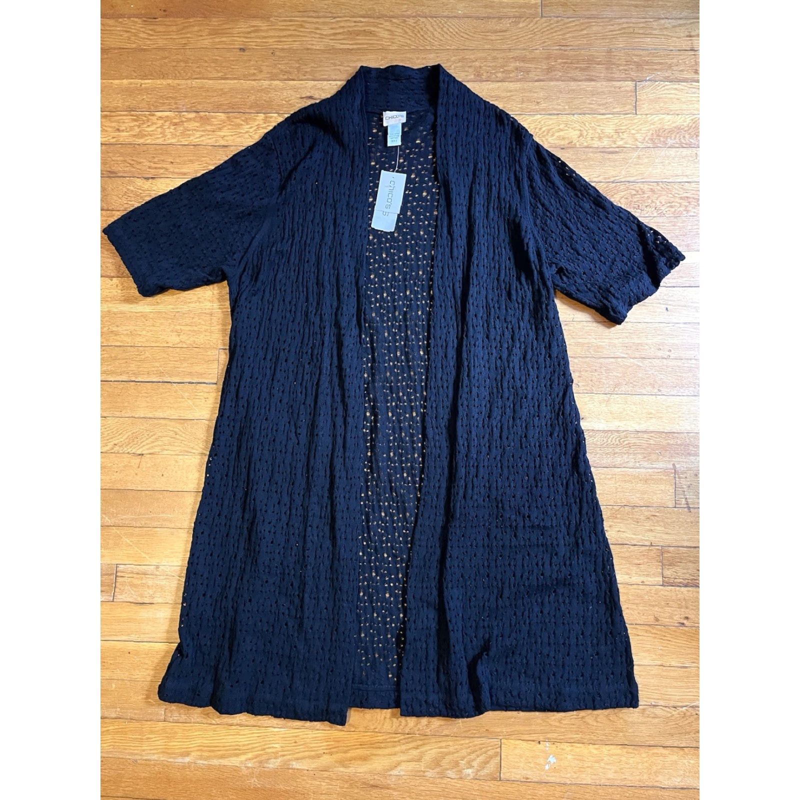 Vintage VINTAGE Chico’s Crochet Long Sweater Cardigan Women’s XL Black Open-Knit Short Sleeve Round Neck 100% Cotton Size XL / US 12-14 / IT 48-50 - 2 Thumbnail